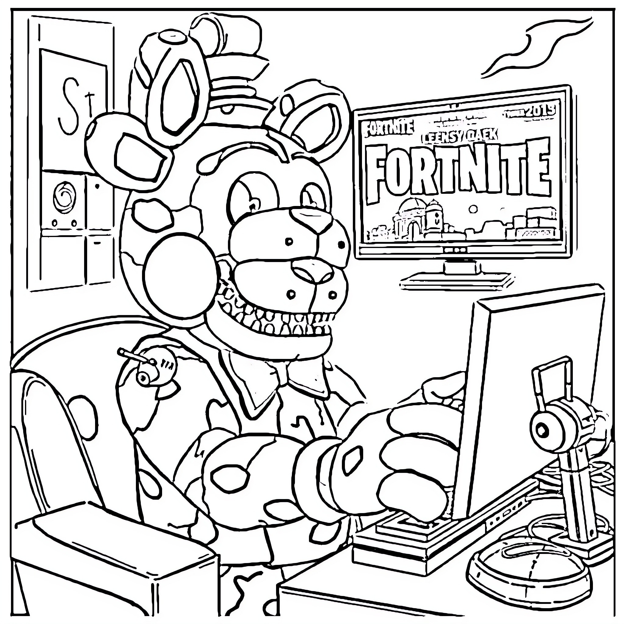 Springtrap playing Fortnite in the gaming room Coloring Page (free black-and-white line drawing printable PDF for all, from beginners to advanced learners, including children, teens, adults, and seniors)