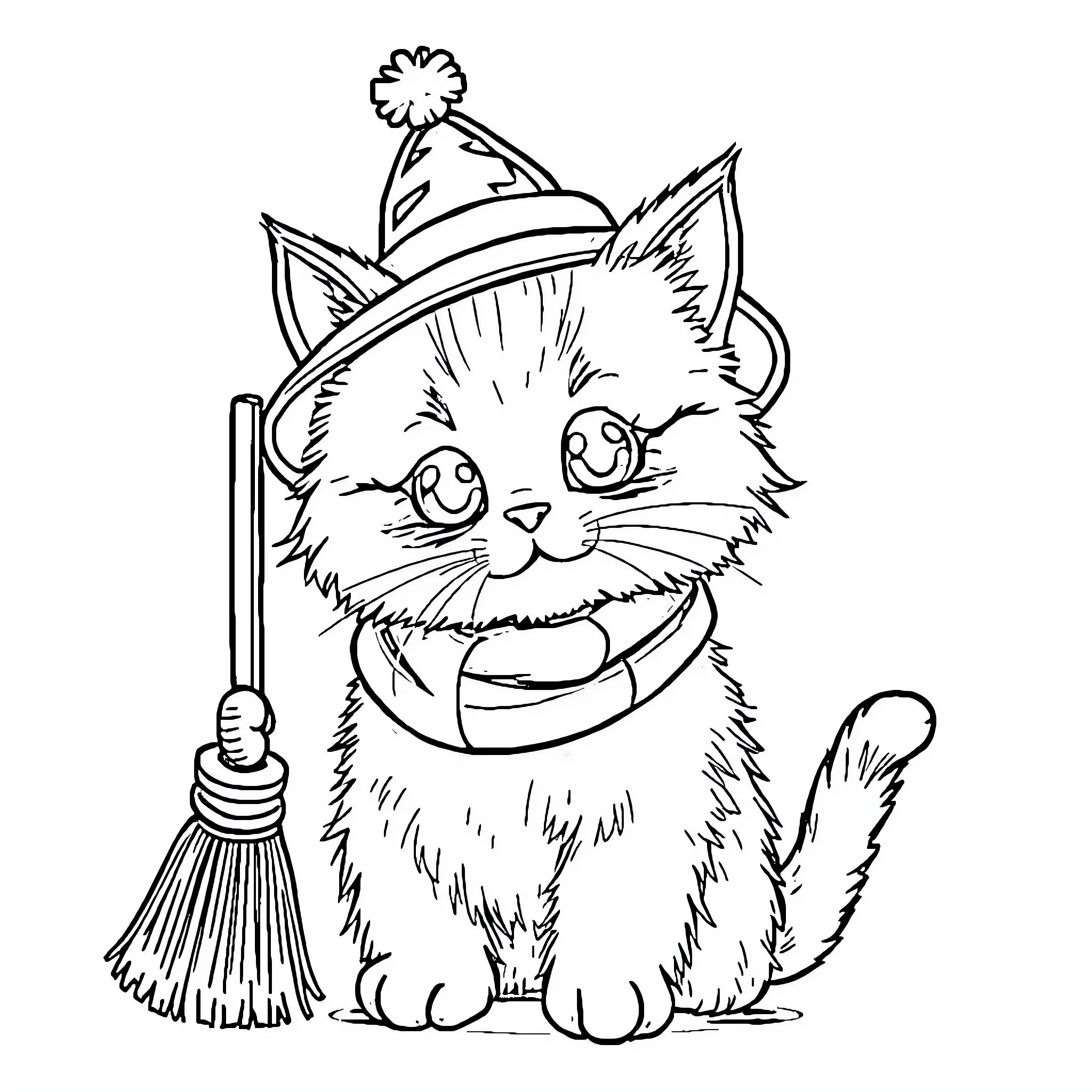 Cat Wearing a Party Hat and Holding a Broom Coloring Page (free black-and-white line drawing printable PDF for all, from beginners to advanced learners, including children, teens, adults, and seniors)