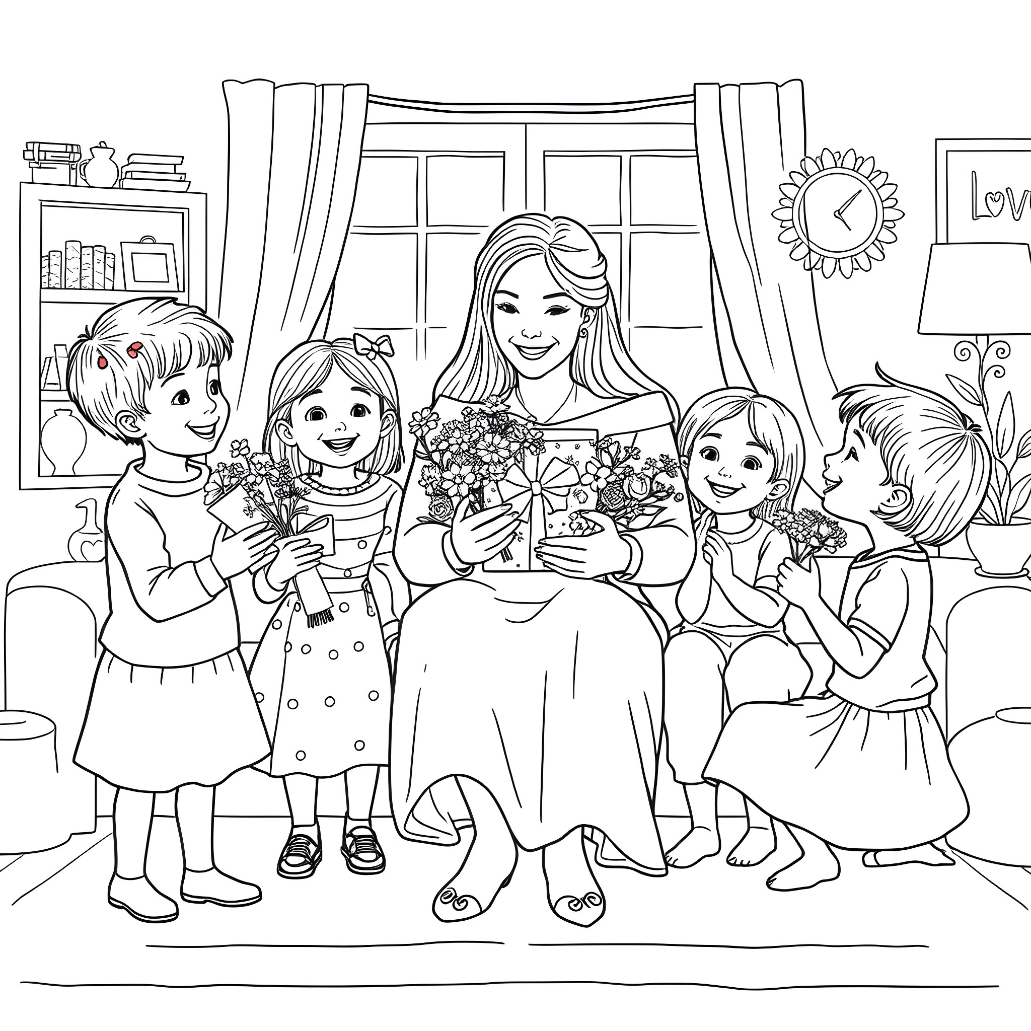 Mother surrounded by happy children with flowers Coloring Page (free black-and-white line drawing printable PDF for all, from beginners to advanced learners, including children, teens, adults, and seniors)