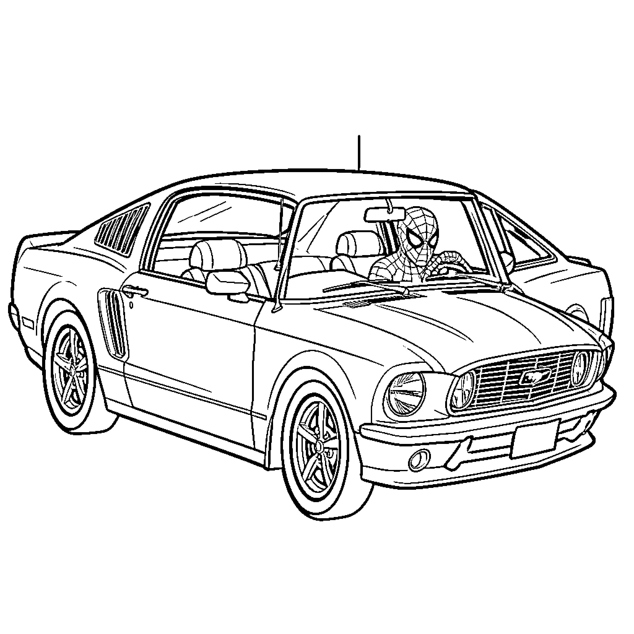 Spiderman driving a classic convertible muscle car Coloring Page (free black-and-white line drawing printable PDF for all, from beginners to advanced learners, including children, teens, adults, and seniors)