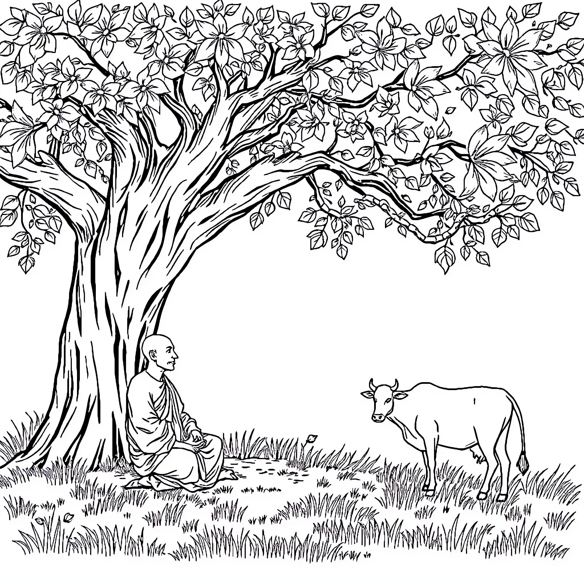 Monk in contemplation under blossoming tree Coloring Page (free black-and-white line drawing printable PDF for all, from beginners to advanced learners, including children, teens, adults, and seniors)