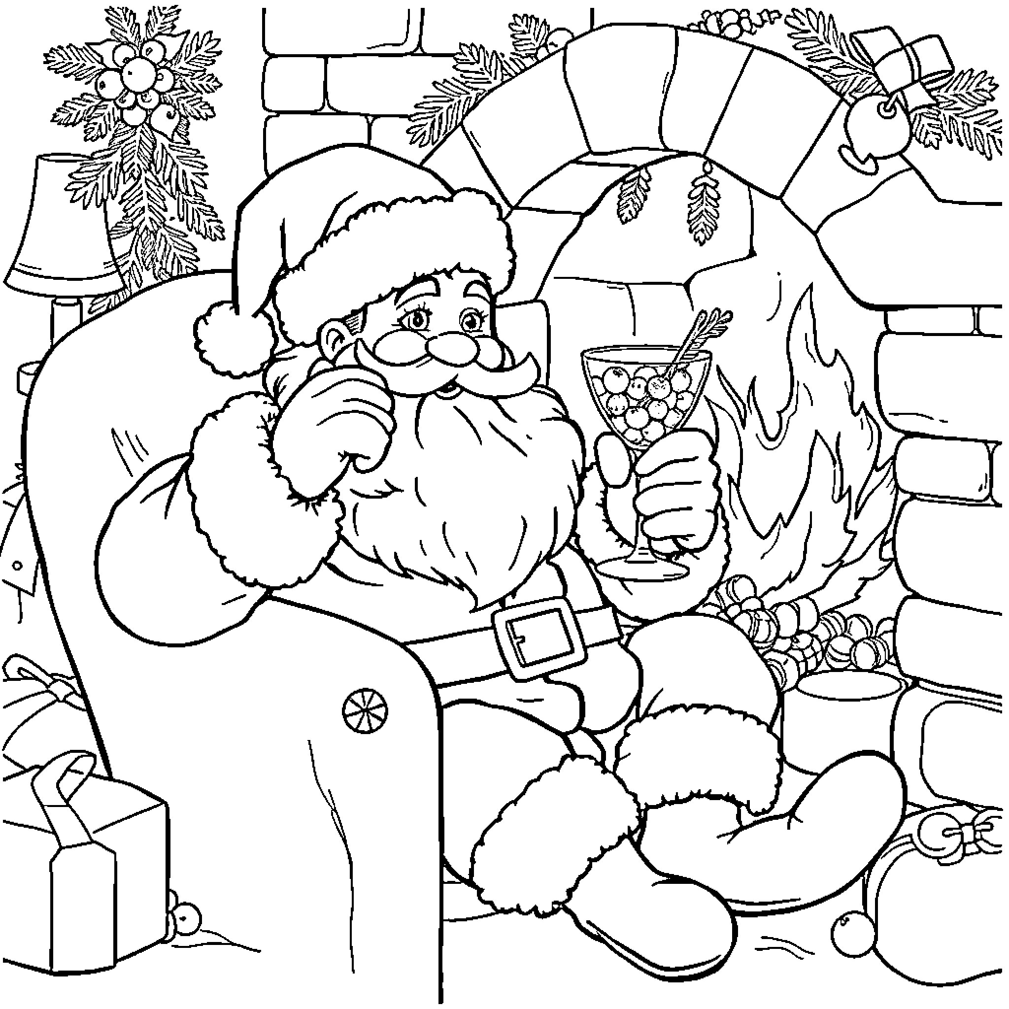 Santa celebrating Christmas with festive decorations Coloring Page (free black-and-white line drawing printable PDF for all, from beginners to advanced learners, including children, teens, adults, and seniors)