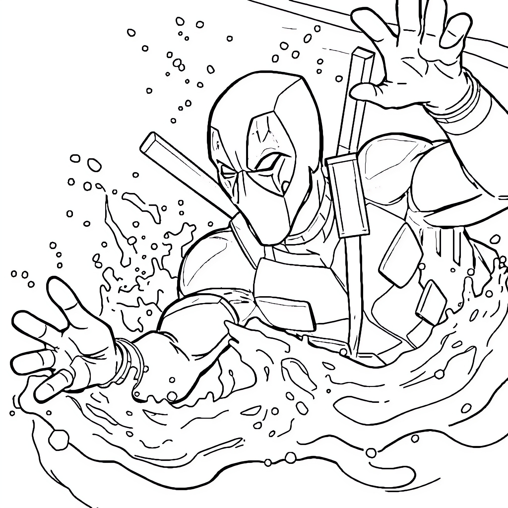 Deadpool in Action-Packed Underwater Adventure Coloring Page (free black-and-white line drawing printable PDF for all, from beginners to advanced learners, including children, teens, adults, and seniors)