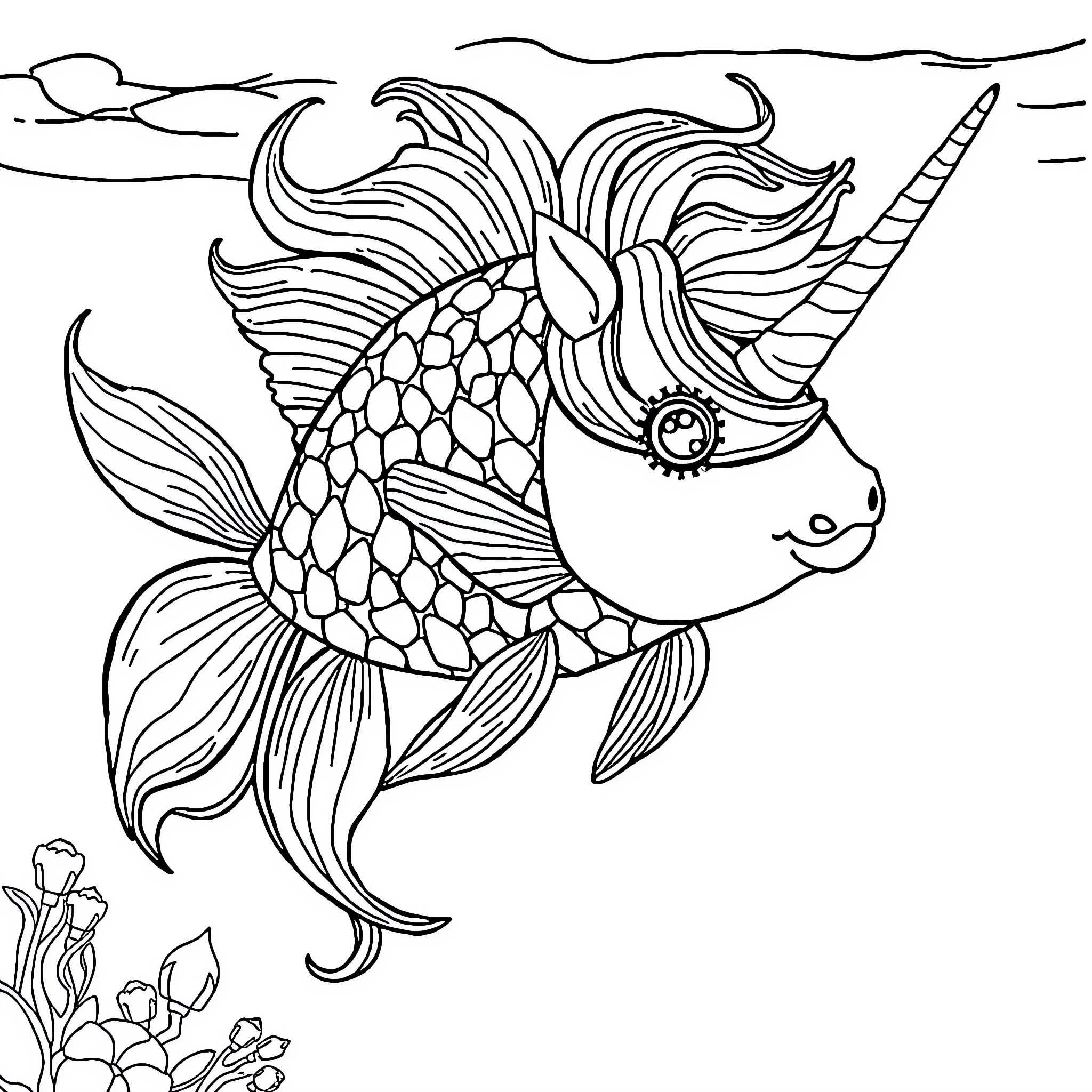 Unicorn Fish swimming gracefully in the underwater scene Coloring Page (free black-and-white line drawing printable PDF for all, from beginners to advanced learners, including children, teens, adults, and seniors)