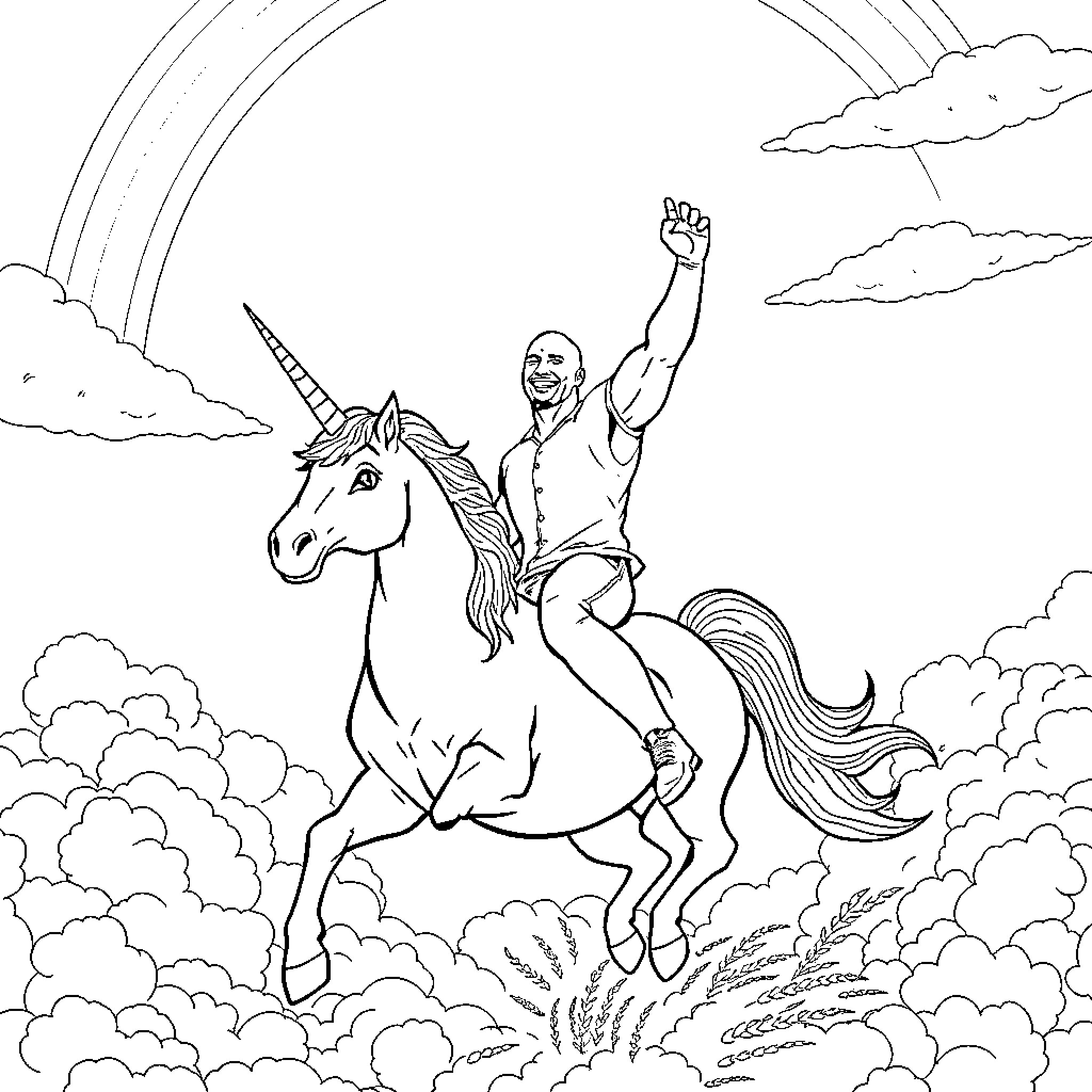 Dwayne Johnson riding a unicorn into the clouds Coloring Page (free black-and-white line drawing printable PDF for all, from beginners to advanced learners, including children, teens, adults, and seniors)