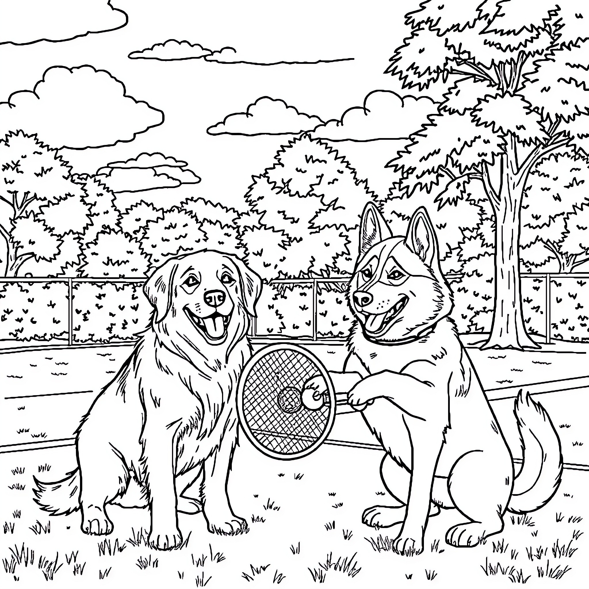 Dog friends playing with tennis ball in park Coloring Page (free black-and-white line drawing printable PDF for all, from beginners to advanced learners, including children, teens, adults, and seniors)