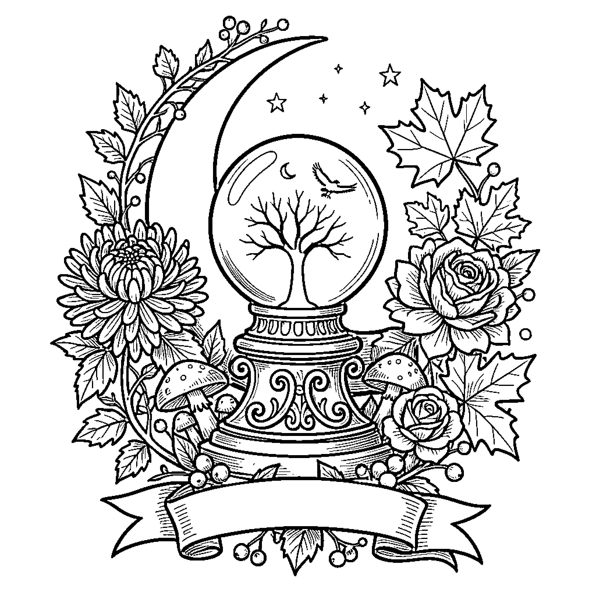Crystal Ball surrounded by flowers and a crescent moon Coloring Page (free black-and-white line drawing printable PDF for all, from beginners to advanced learners, including children, teens, adults, and seniors)