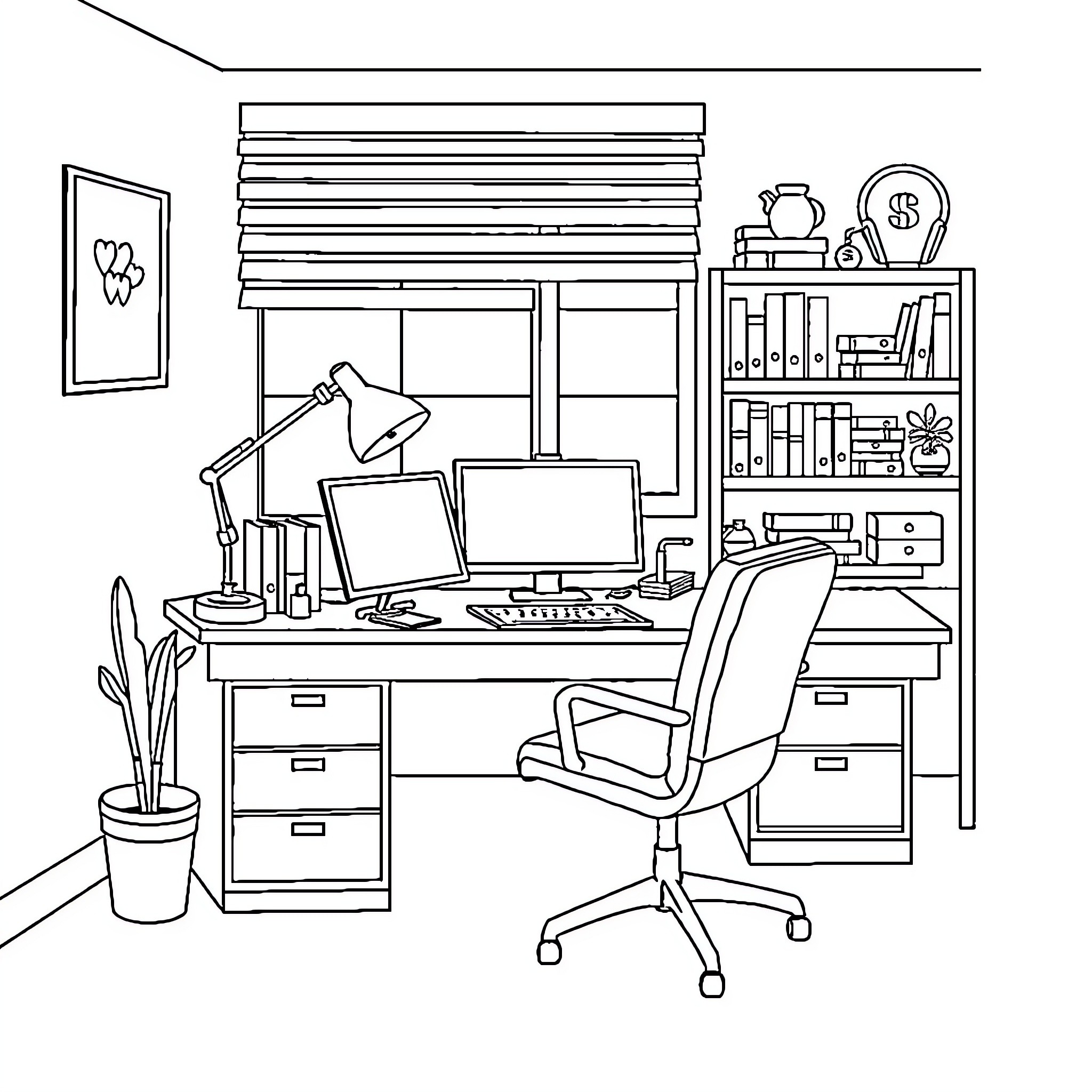 Bureau of a Productive Workspace Coloring Page (free black-and-white line drawing printable PDF for all, from beginners to advanced learners, including children, teens, adults, and seniors)