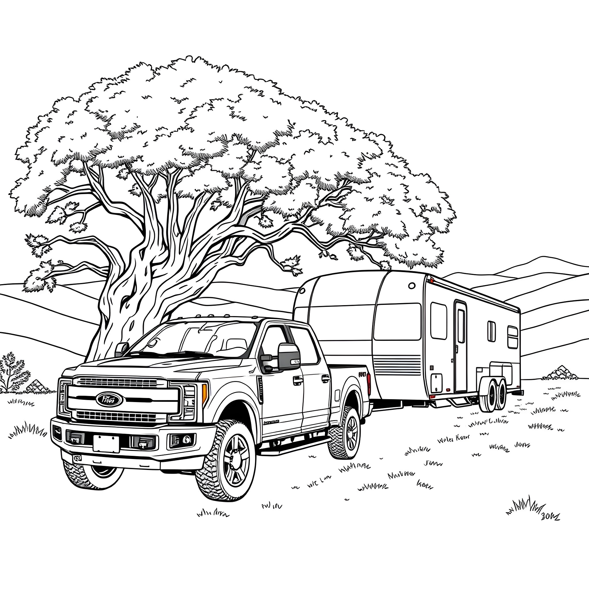 Pickup truck pulling trailer in scenic landscape Coloring Page (free black-and-white line drawing printable PDF for all, from beginners to advanced learners, including children, teens, adults, and seniors)