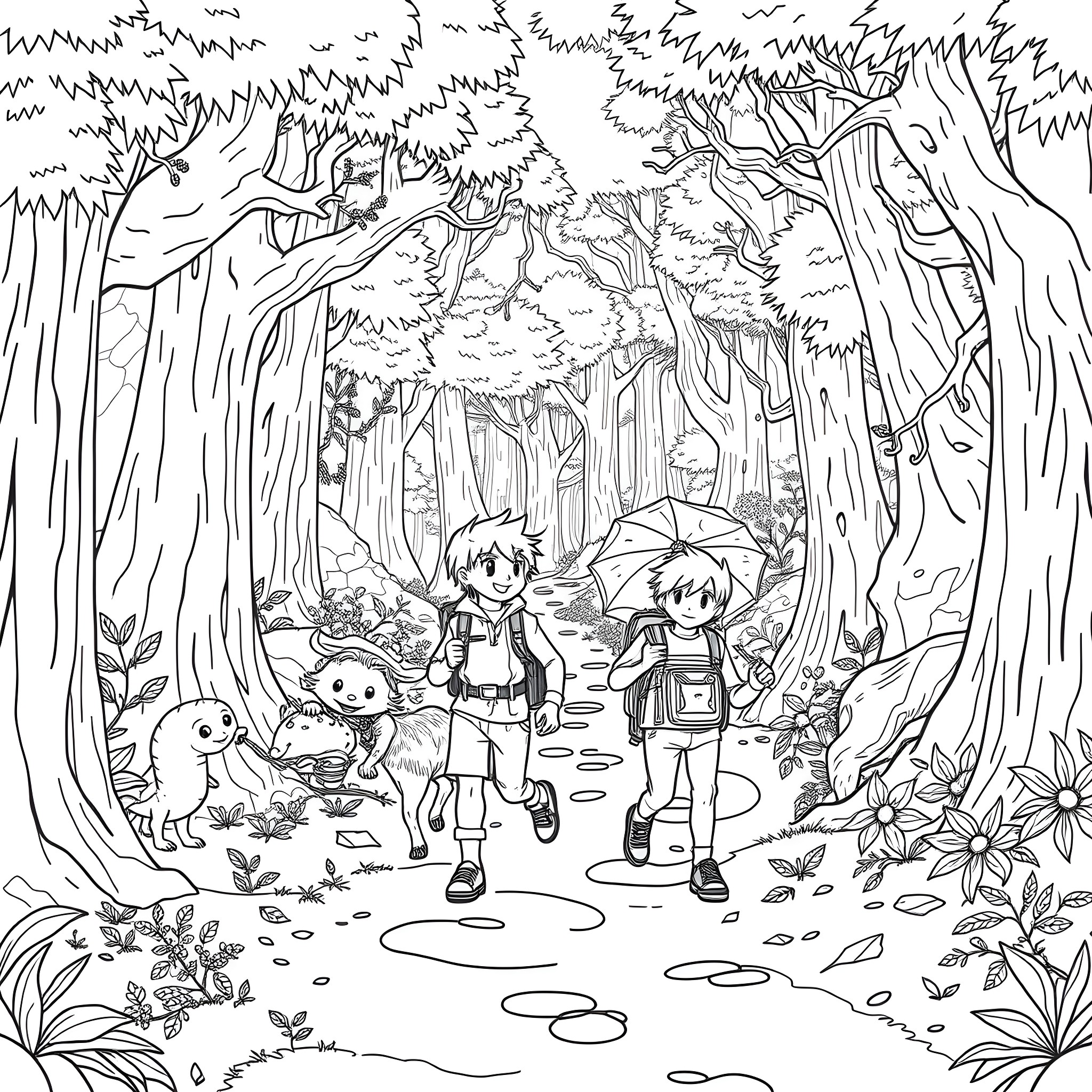 Brother Exploring the Enchanted Forest with Companions Coloring Page (free black-and-white line drawing printable PDF for all, from beginners to advanced learners, including children, teens, adults, and seniors)