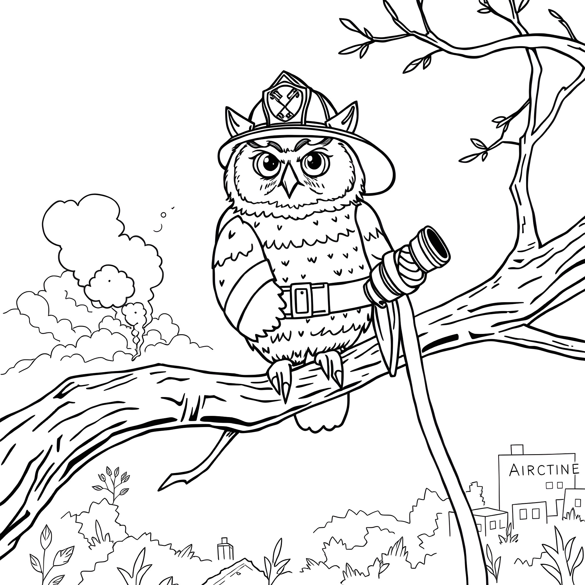 Owl Firefighter on Duty in the Forest Coloring Page (free black-and-white line drawing printable PDF for all, from beginners to advanced learners, including children, teens, adults, and seniors)