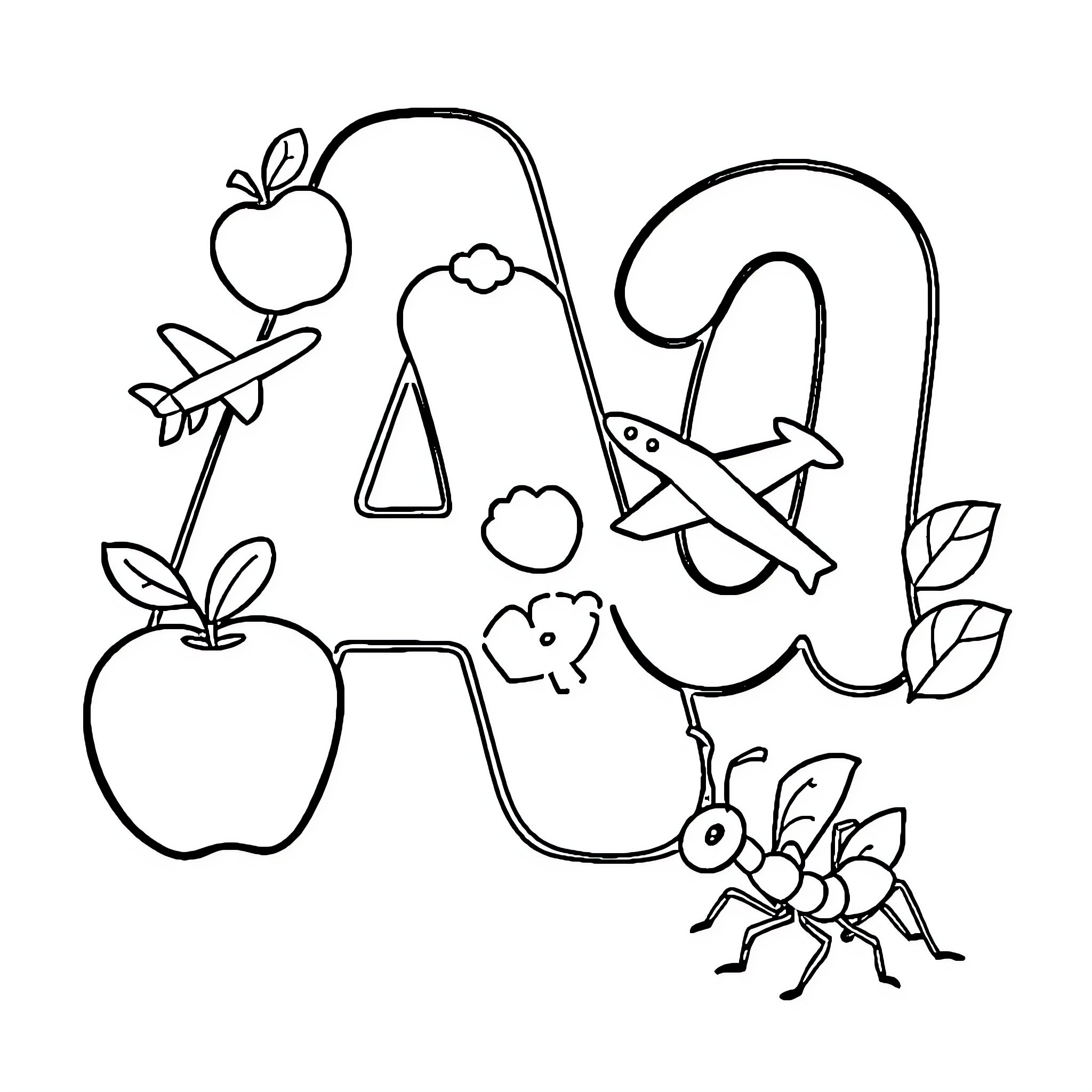 Letter A with Apples, Ant, and Swing Coloring Page (free black-and-white line drawing printable PDF for all, from beginners to advanced learners, including children, teens, adults, and seniors)