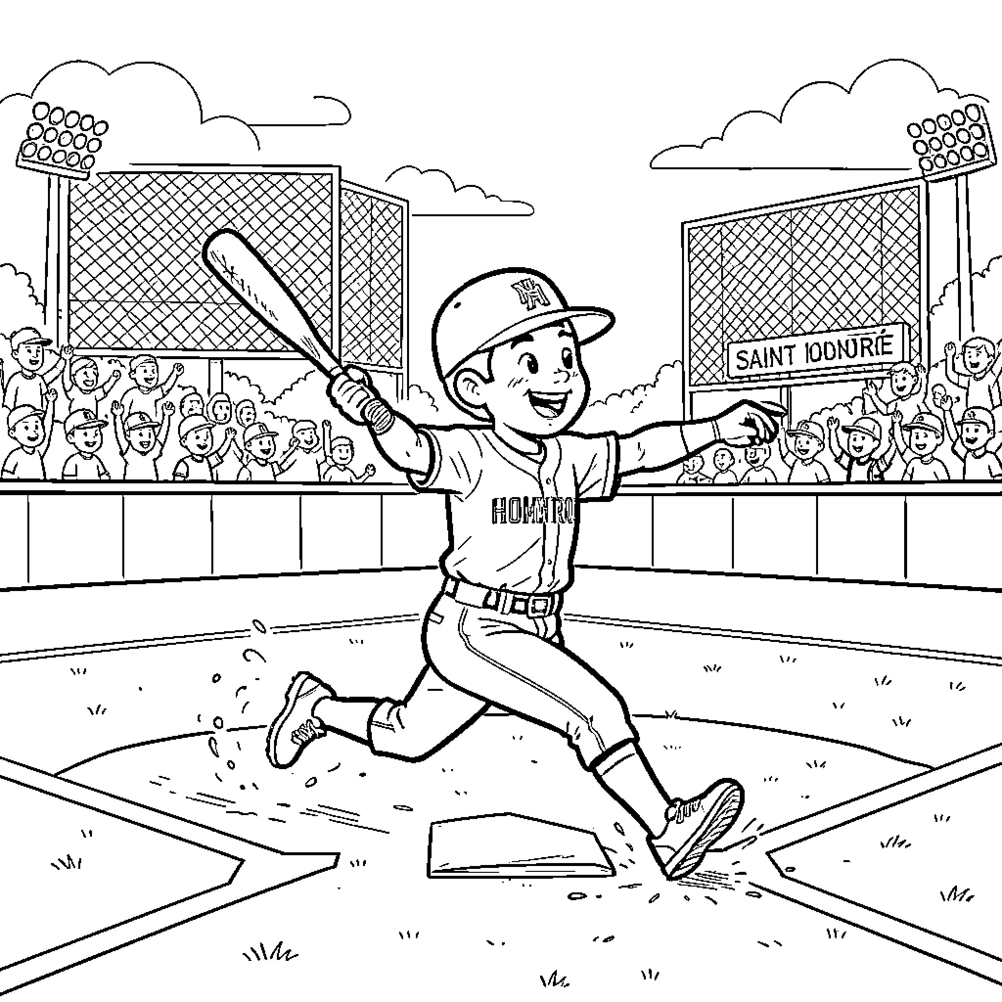 Baseball Player running to a base during a game Coloring Page (free black-and-white line drawing printable PDF for all, from beginners to advanced learners, including children, teens, adults, and seniors)