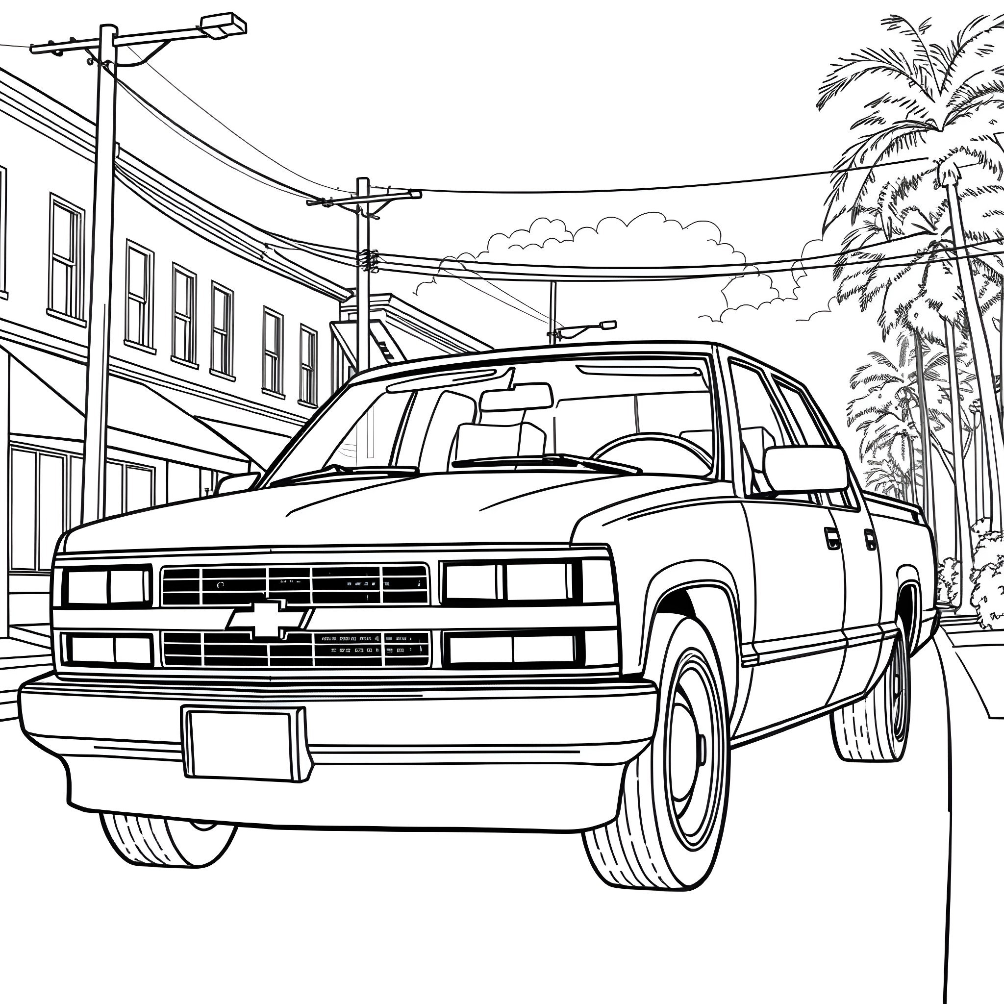 Chevy truck parked on a city street with palm trees Coloring Page (free black-and-white line drawing printable PDF for all, from beginners to advanced learners, including children, teens, adults, and seniors)