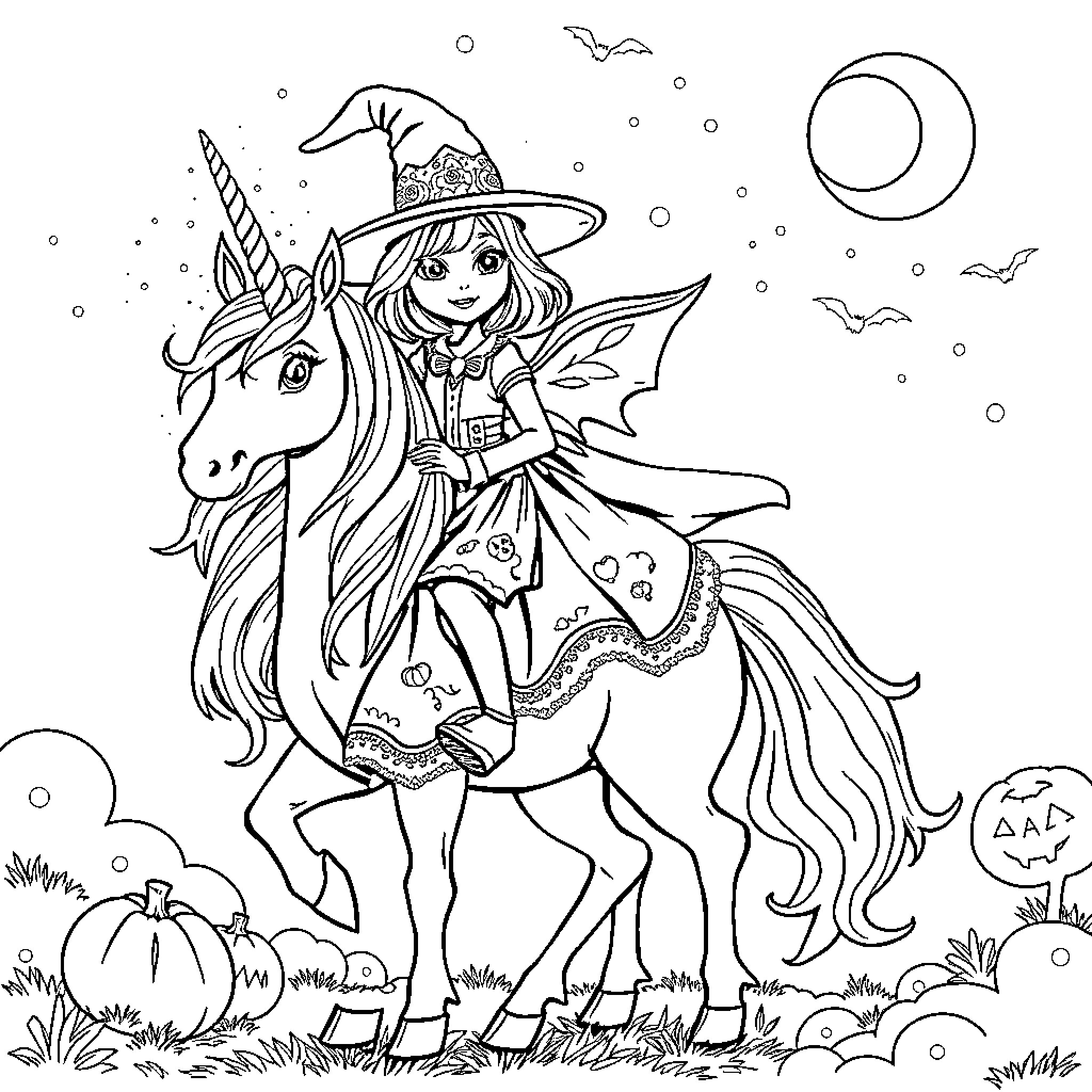 Ghost Fairy Riding a Unicorn on Halloween Night Coloring Page (free black-and-white line drawing printable PDF for all, from beginners to advanced learners, including children, teens, adults, and seniors)