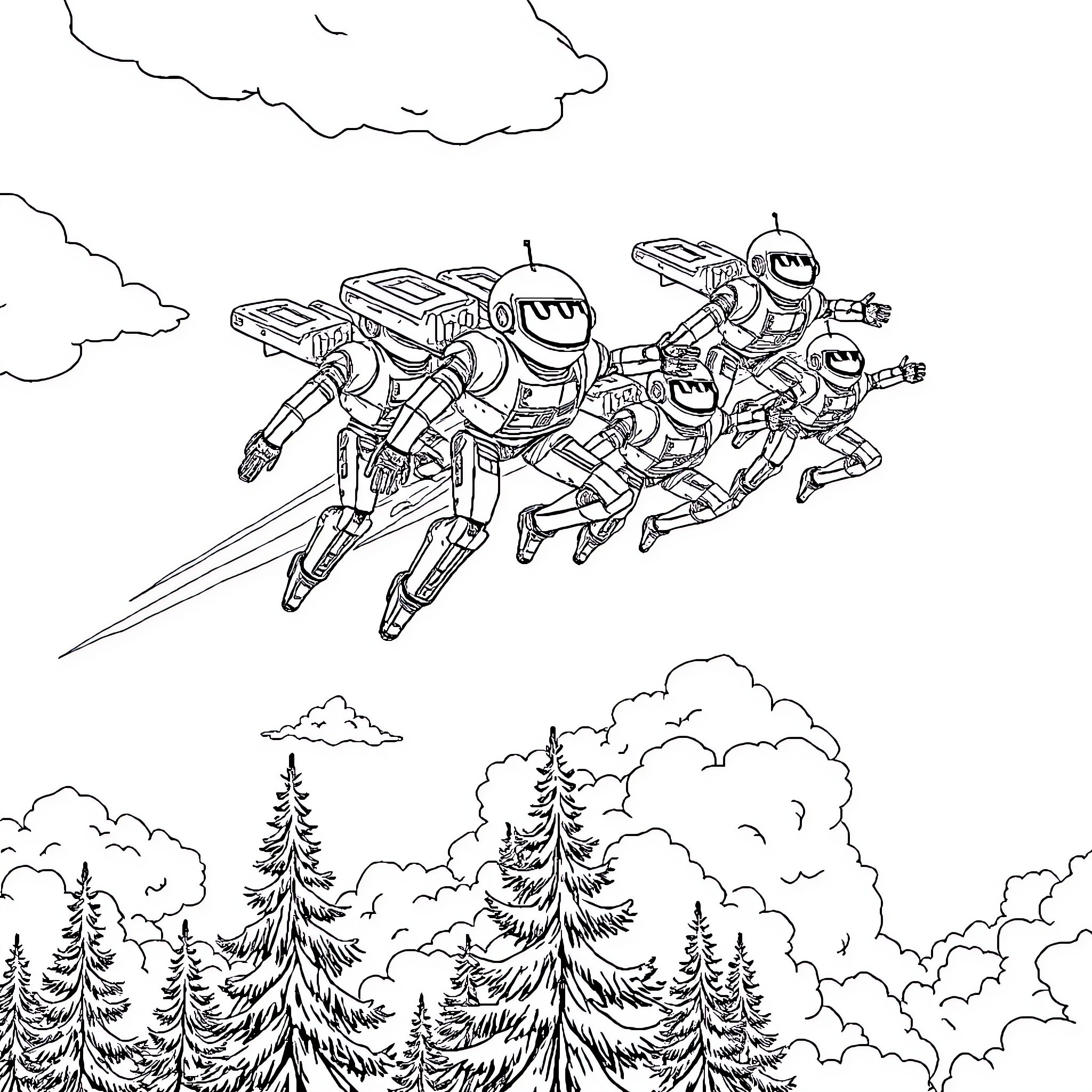 Robot squad racing through the clouds Coloring Page (free black-and-white line drawing printable PDF for all, from beginners to advanced learners, including children, teens, adults, and seniors)