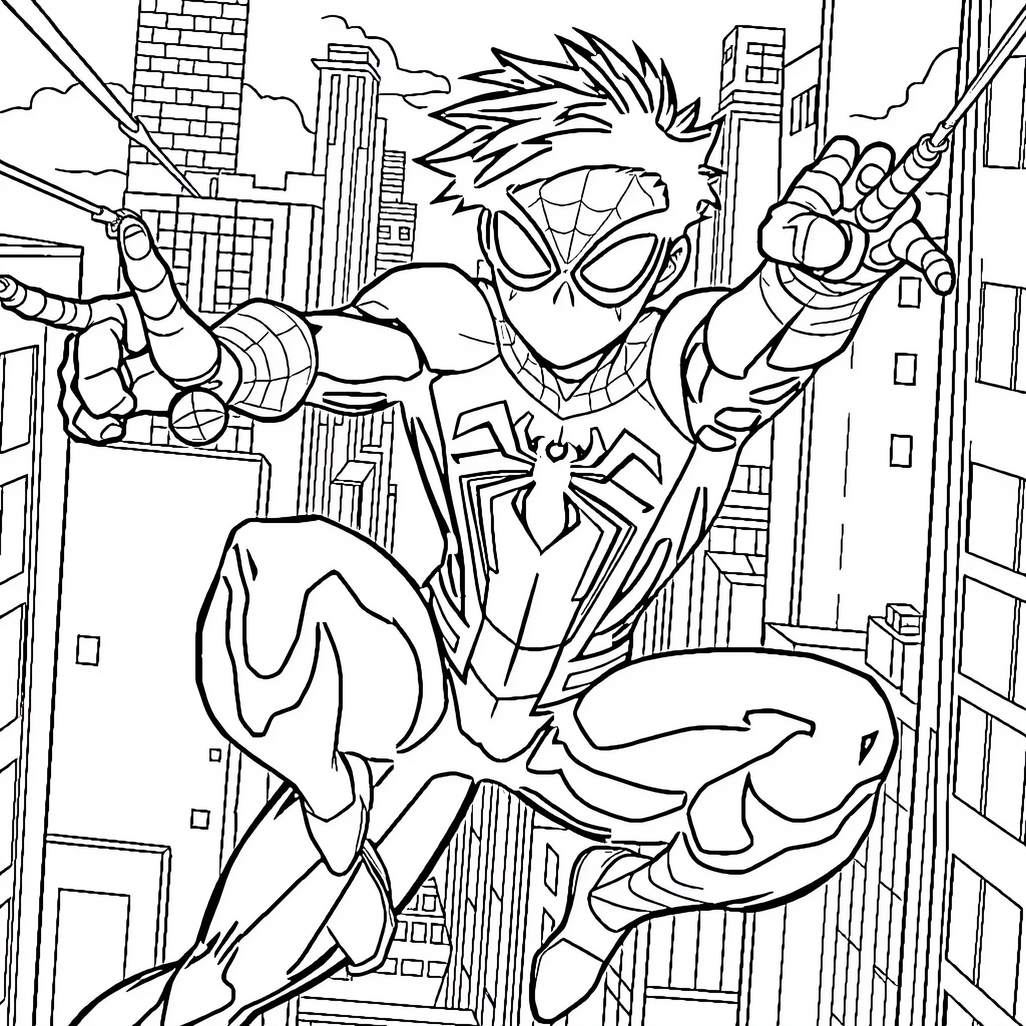 Spider-Man swinging through the city heroically Coloring Page (free black-and-white line drawing printable PDF for all, from beginners to advanced learners, including children, teens, adults, and seniors)