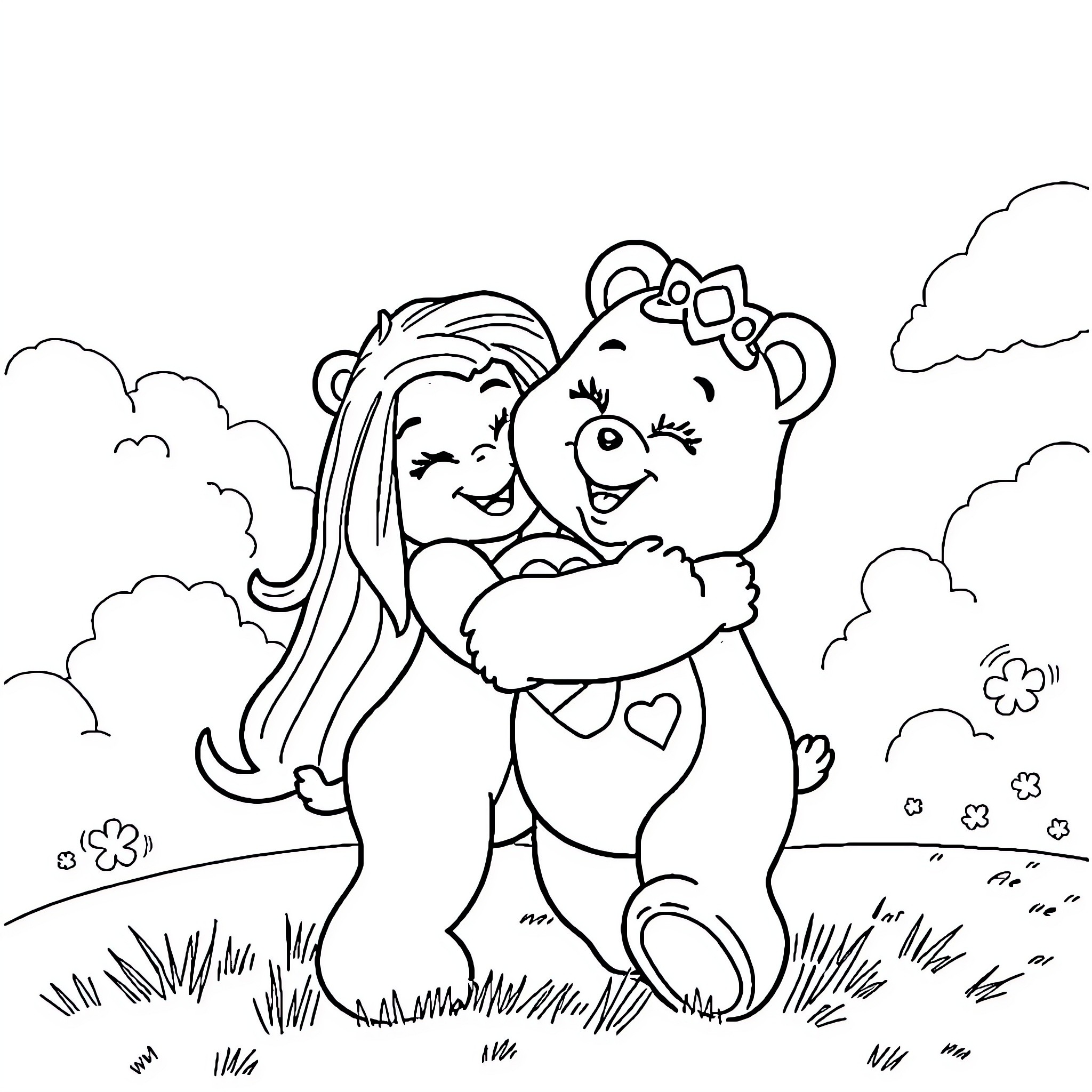 Rainbow Brite and friend embrace joyfully in the meadow Coloring Page (free black-and-white line drawing printable PDF for all, from beginners to advanced learners, including children, teens, adults, and seniors)