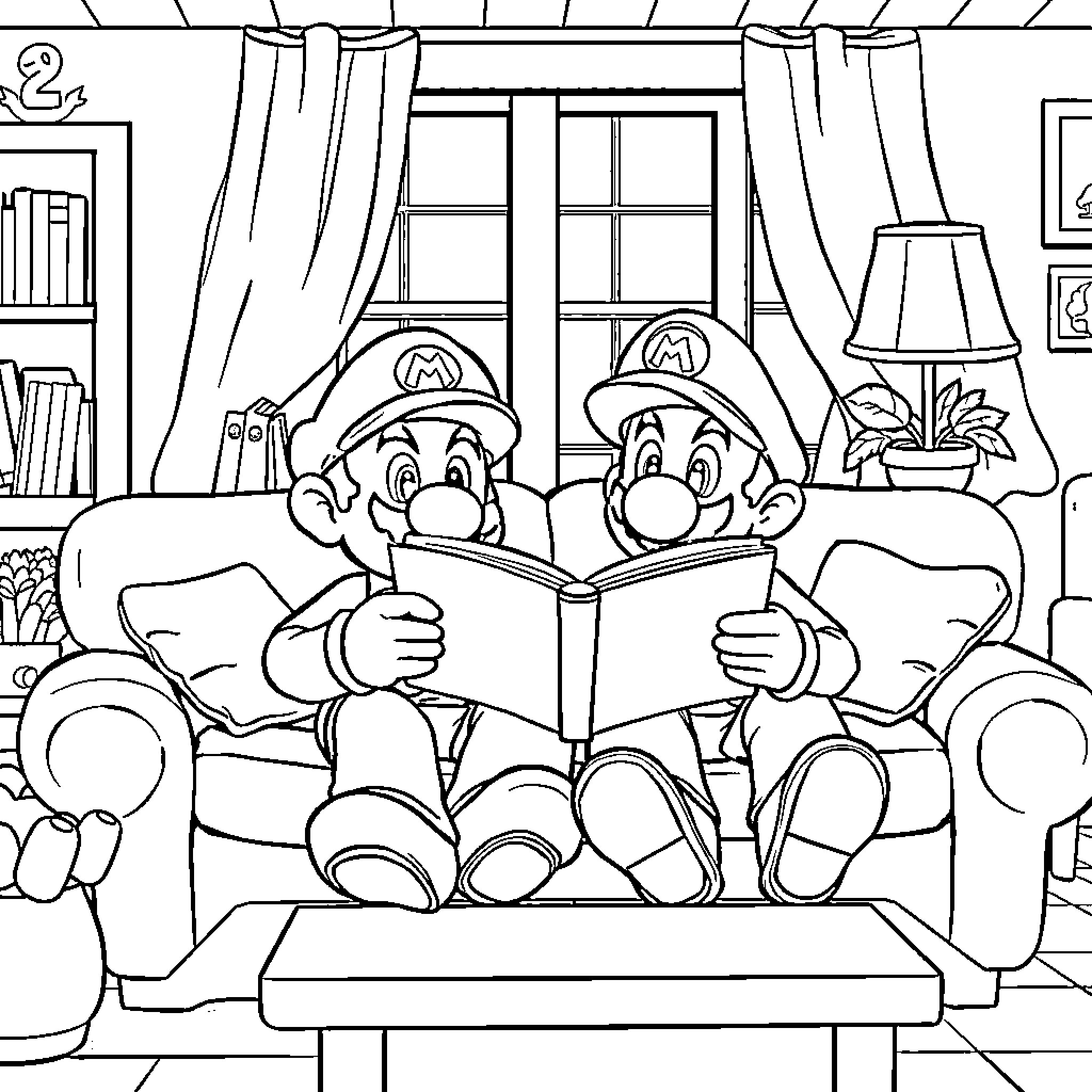 Mario and Luigi Reading Together at Home Coloring Page (free black-and-white line drawing printable PDF for all, from beginners to advanced learners, including children, teens, adults, and seniors)