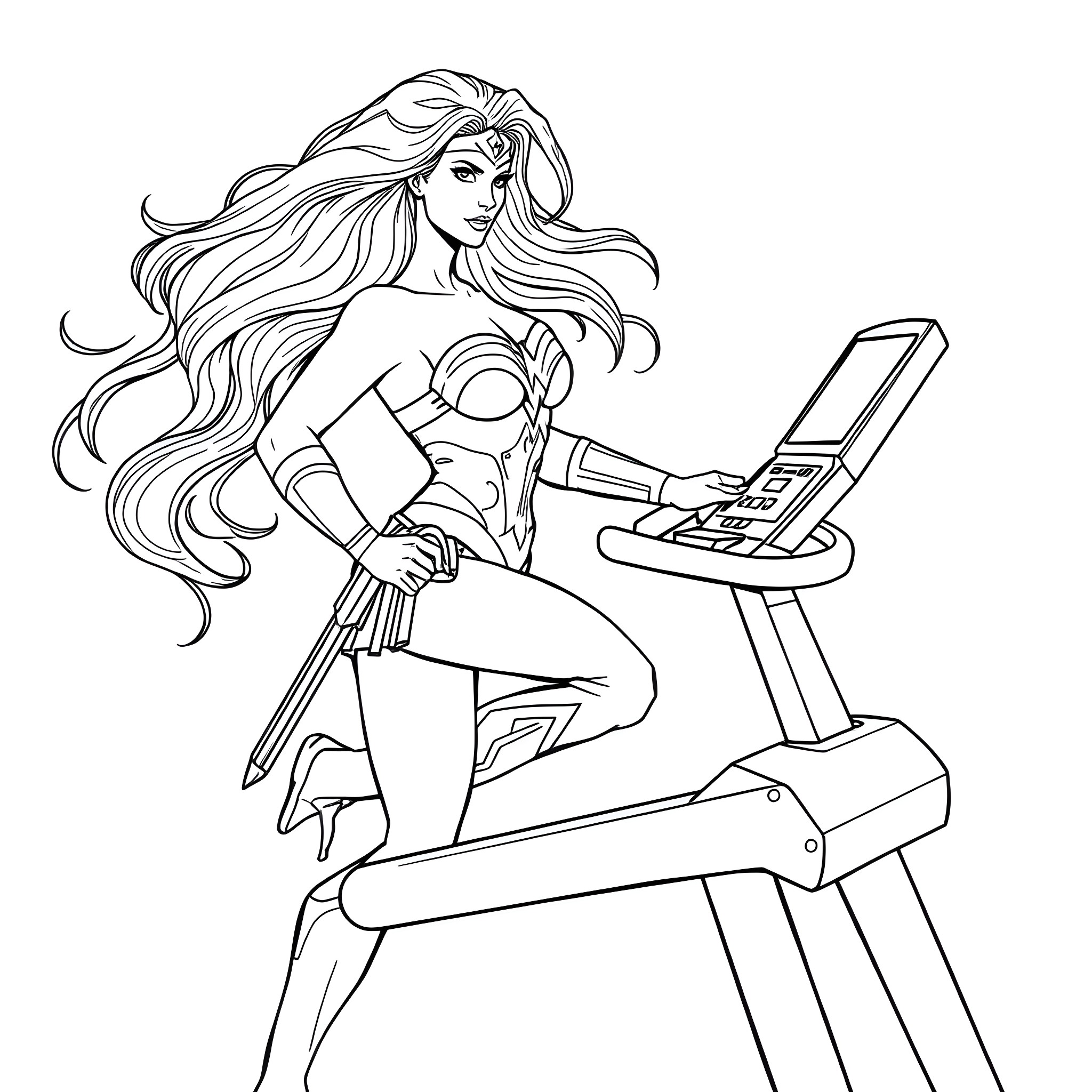 Wonder Woman working at computer with determination Coloring Page (free black-and-white line drawing printable PDF for all, from beginners to advanced learners, including children, teens, adults, and seniors)