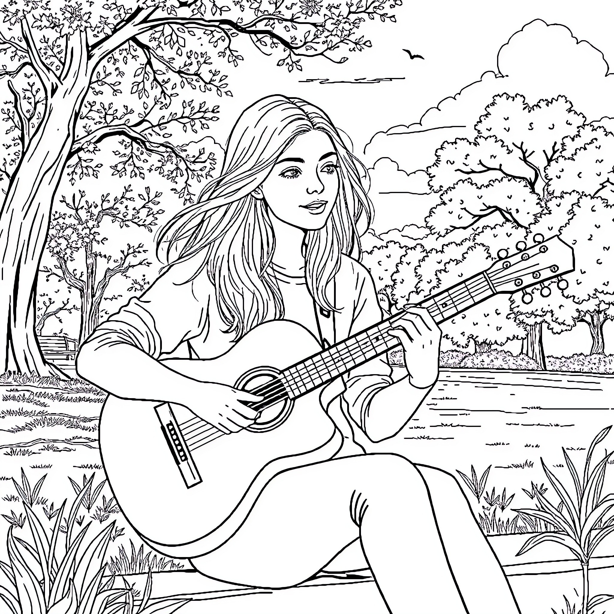 Girl playing guitar in a tranquil forest scene Coloring Page (free black-and-white line drawing printable PDF for all, from beginners to advanced learners, including children, teens, adults, and seniors)