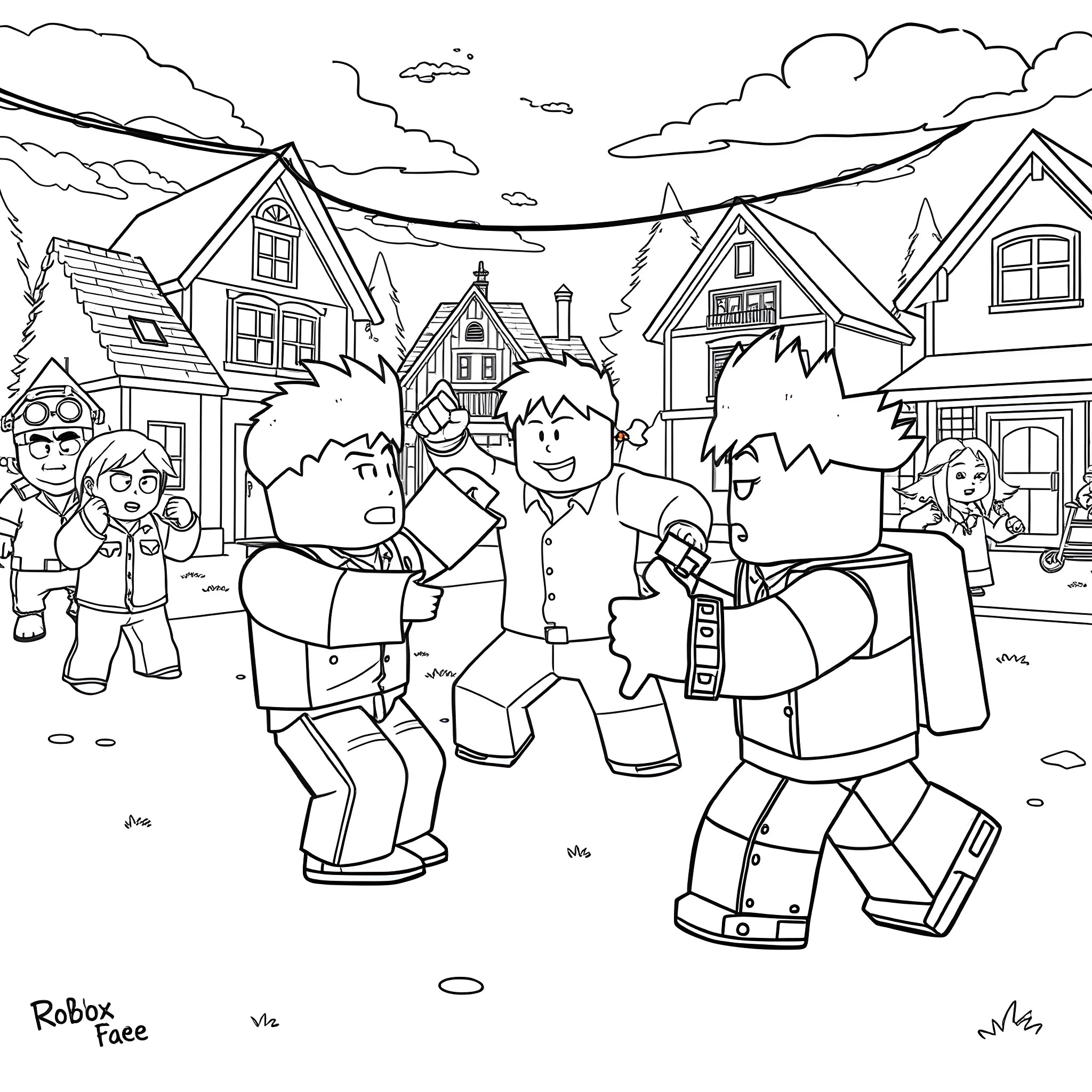 Pig Robots Playing Outdoors in a Snowy Village Coloring Page (free black-and-white line drawing printable PDF for all, from beginners to advanced learners, including children, teens, adults, and seniors)
