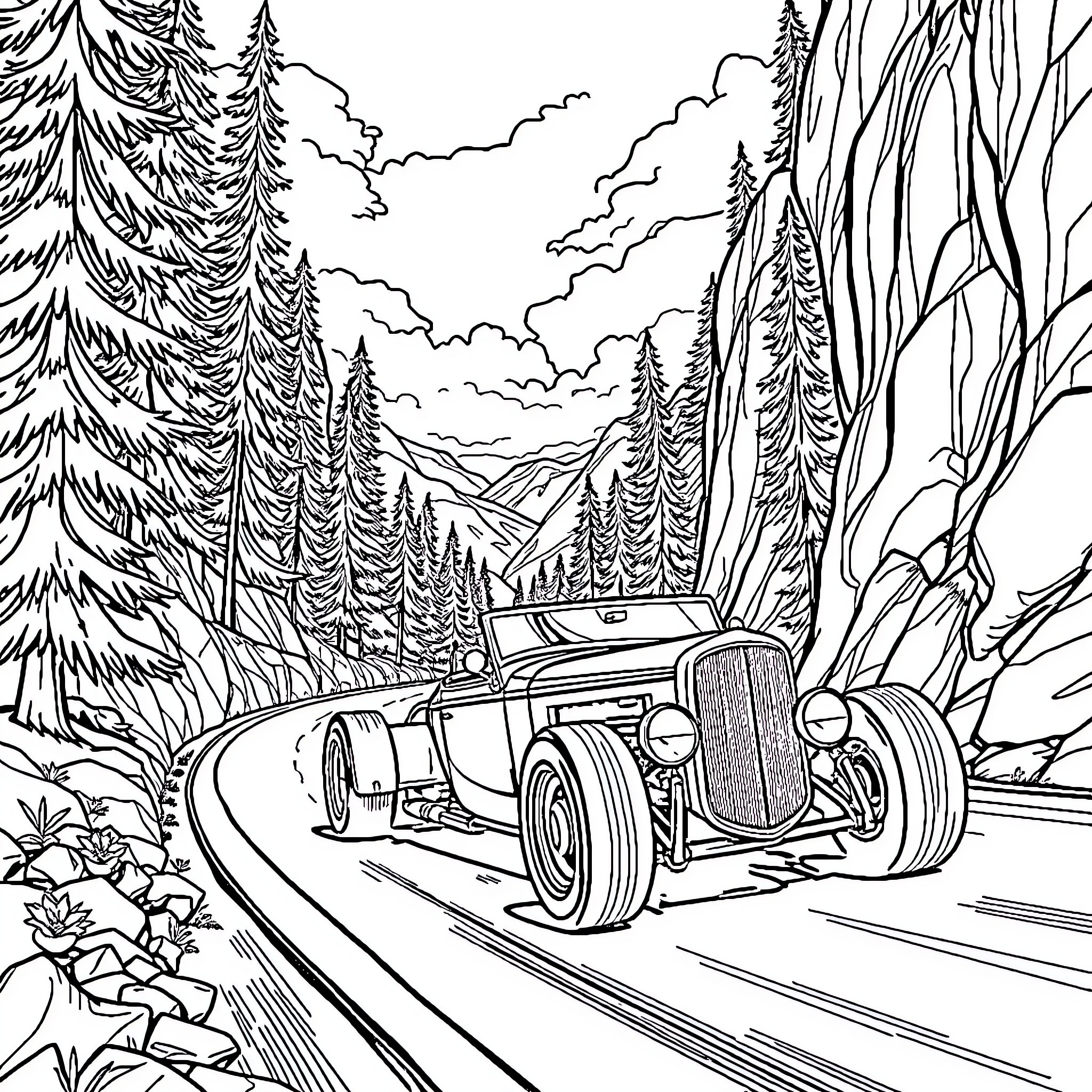 Hot Rod Cruising Through the Enchanted Forest Coloring Page (free black-and-white line drawing printable PDF for all, from beginners to advanced learners, including children, teens, adults, and seniors)