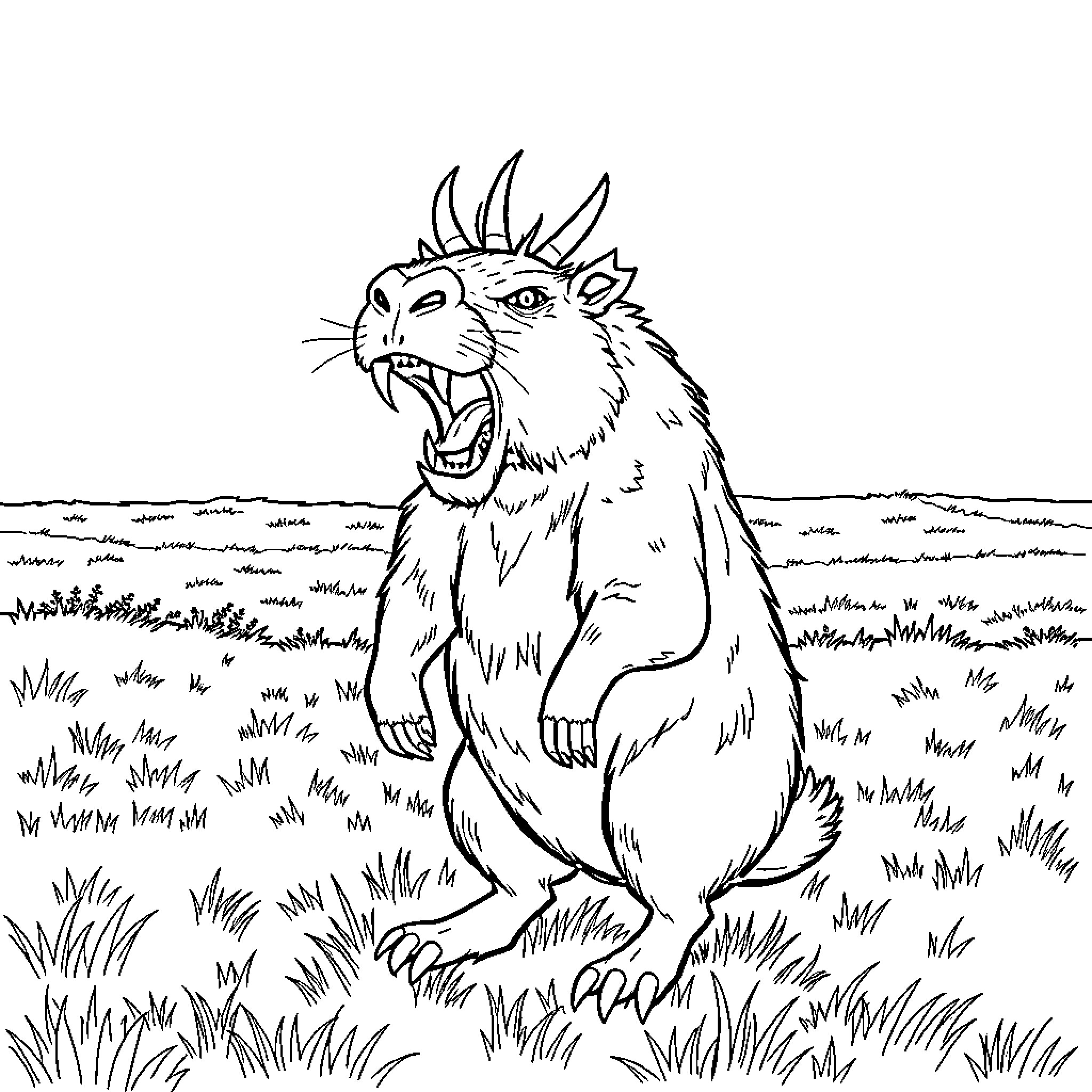 Capybara roaring fiercely in the wild Coloring Page (free black-and-white line drawing printable PDF for all, from beginners to advanced learners, including children, teens, adults, and seniors)