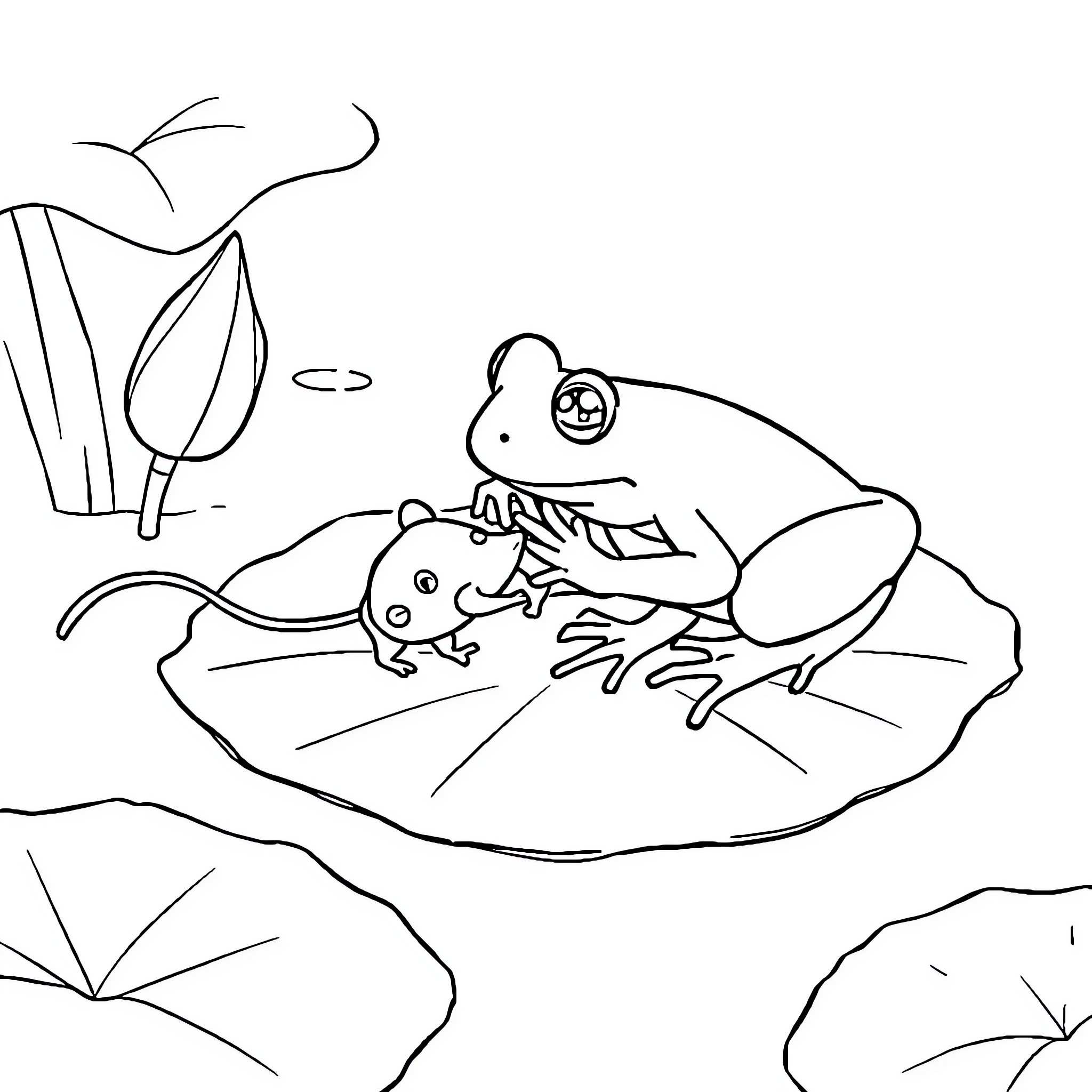 Frogs resting on lily pad in pond Coloring Page (free black-and-white line drawing printable PDF for all, from beginners to advanced learners, including children, teens, adults, and seniors)