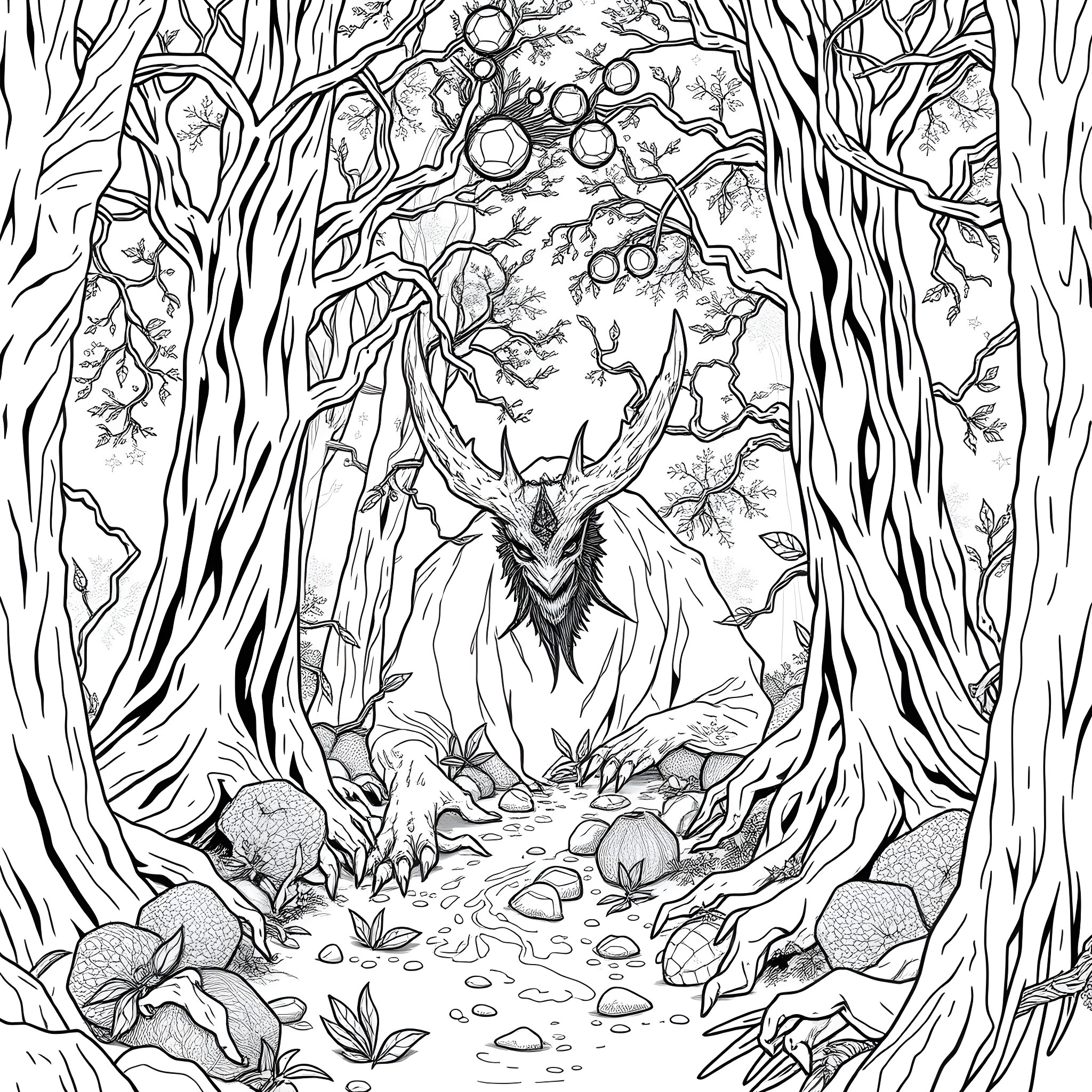 Vildhjarta: Mystical Forest Creature Amidst Twisted Branches Coloring Page (free black-and-white line drawing printable PDF for all, from beginners to advanced learners, including children, teens, adults, and seniors)