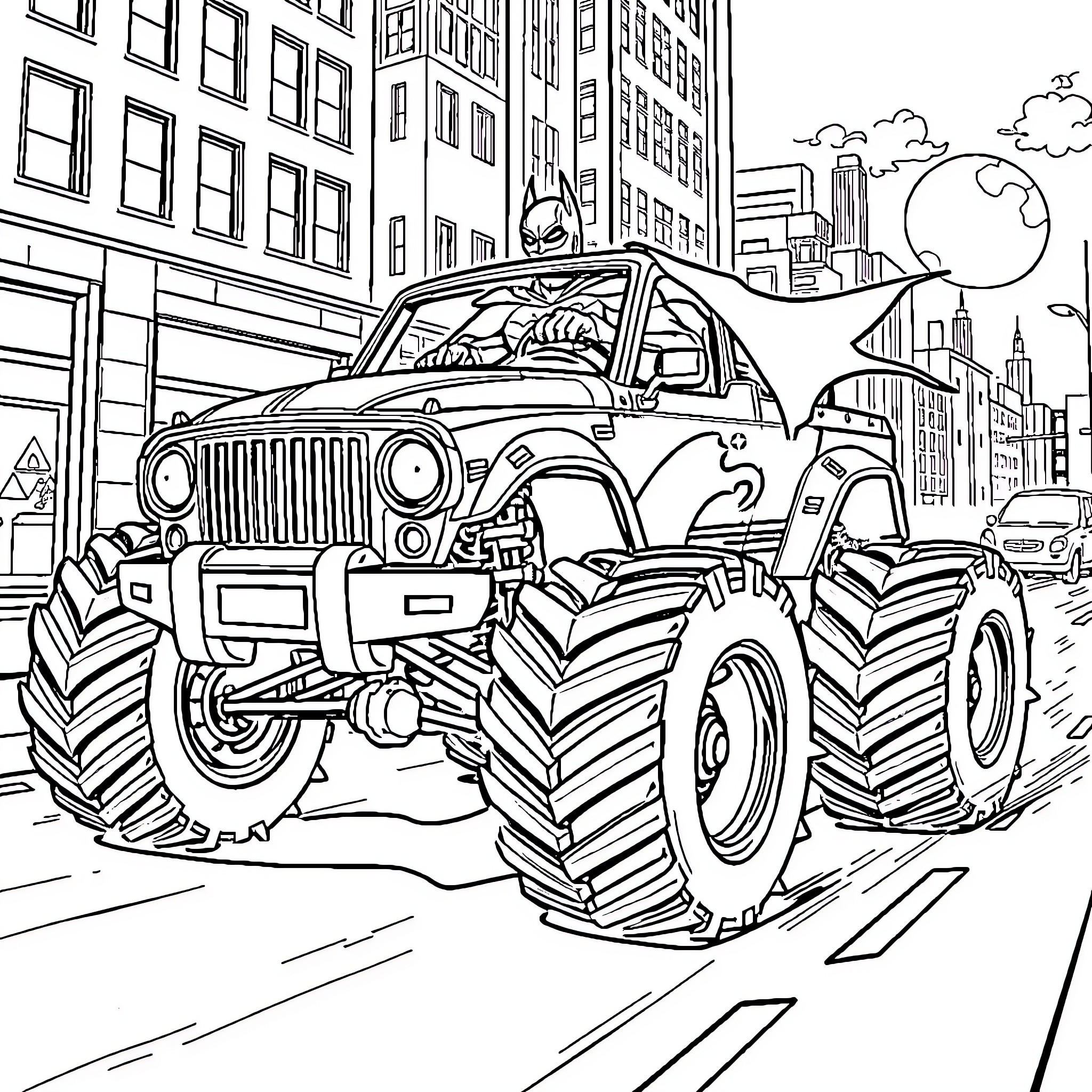 Batman Monster Truck Crushing Buildings in the City Coloring Page (free black-and-white line drawing printable PDF for all, from beginners to advanced learners, including children, teens, adults, and seniors)