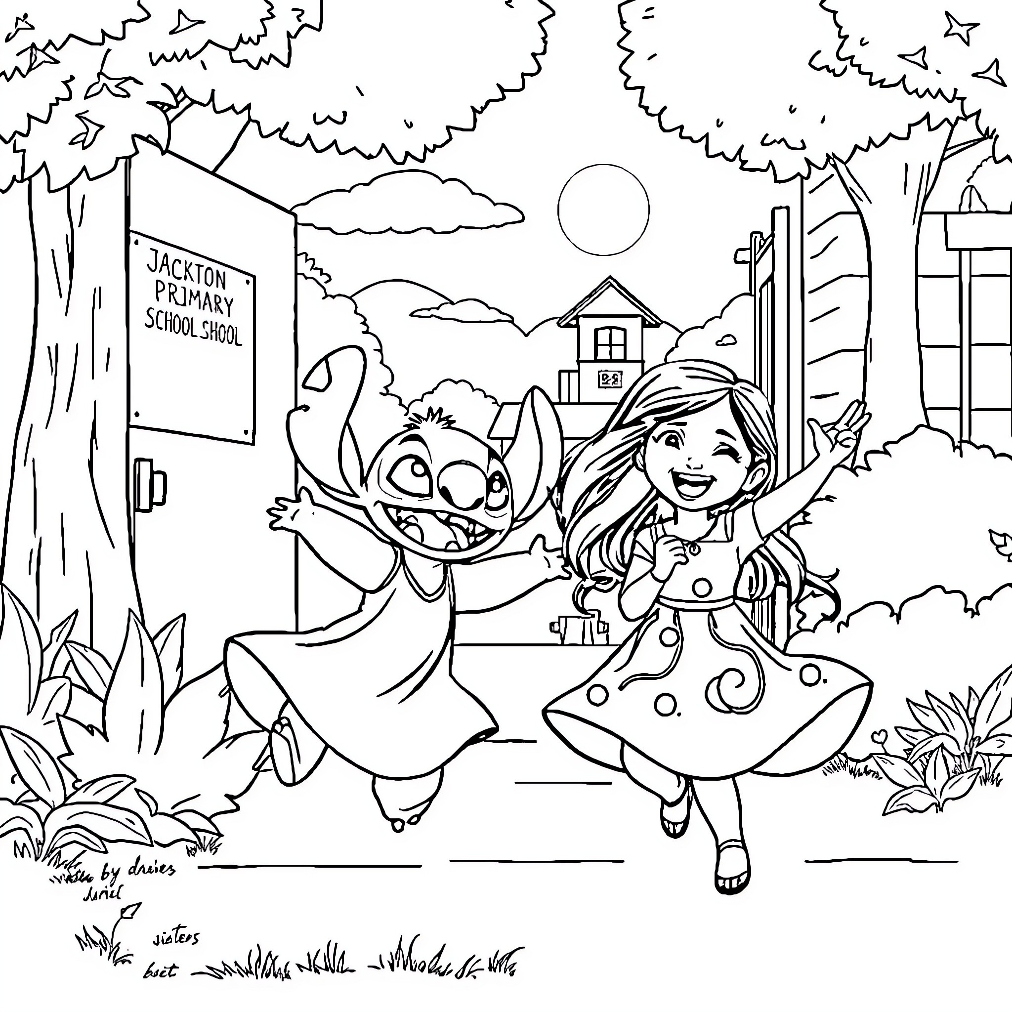 Lilo And Stitch playing joyfully near school Coloring Page (free black-and-white line drawing printable PDF for all, from beginners to advanced learners, including children, teens, adults, and seniors)