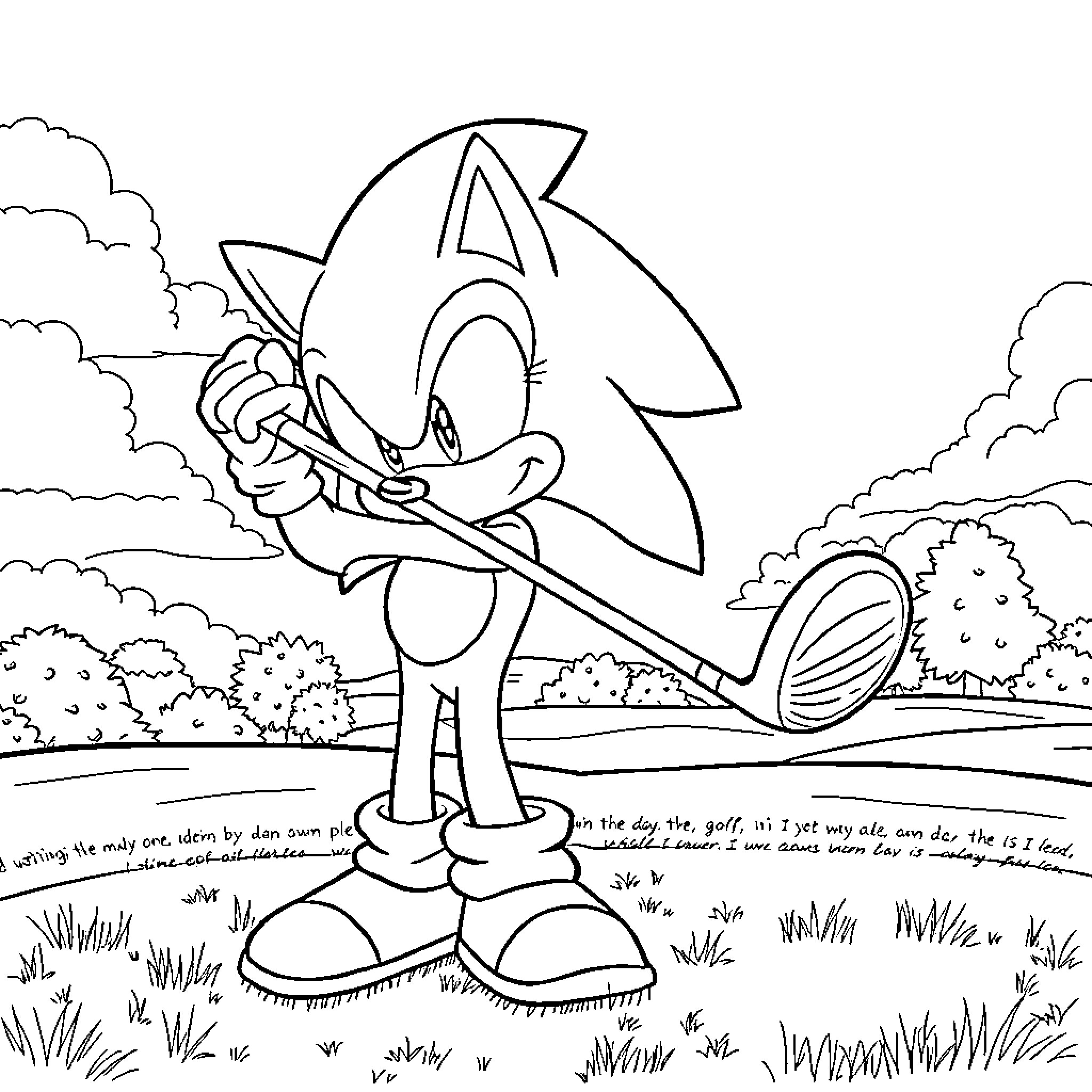 Sonic Spinning and Running on Grassy Path Coloring Page (free black-and-white line drawing printable PDF for all, from beginners to advanced learners, including children, teens, adults, and seniors)