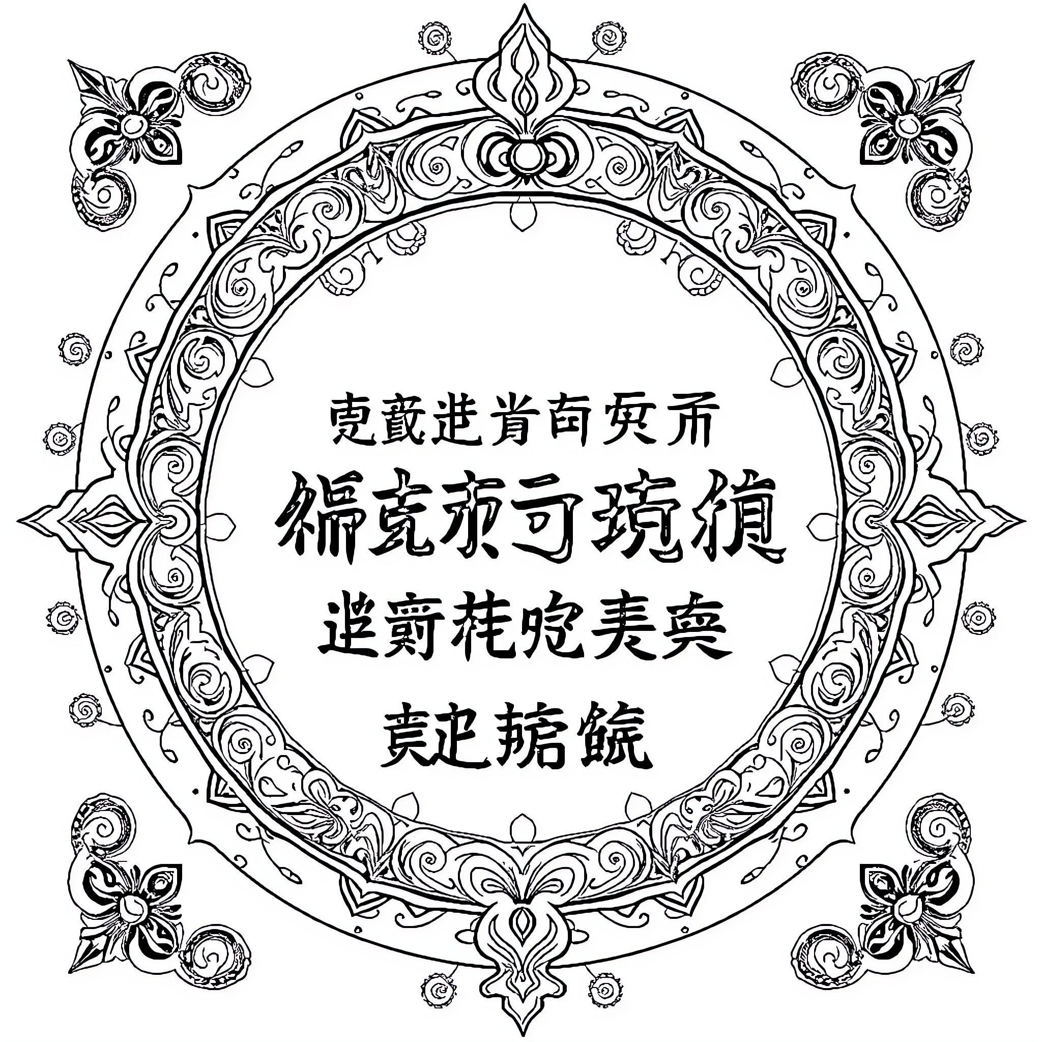 Buddhist Mantra with Ornate Decorative Elements Coloring Page (free black-and-white line drawing printable PDF for all, from beginners to advanced learners, including children, teens, adults, and seniors)