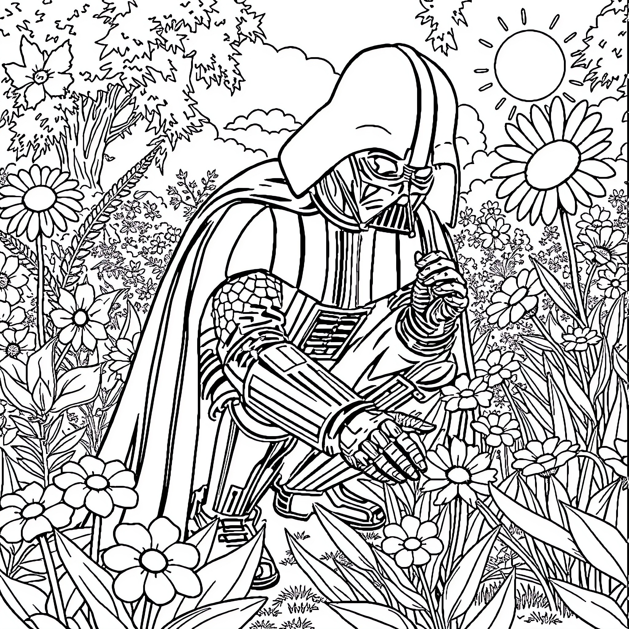 Darth Vader in a Floral Garden Coloring Page (free black-and-white line drawing printable PDF for all, from beginners to advanced learners, including children, teens, adults, and seniors)