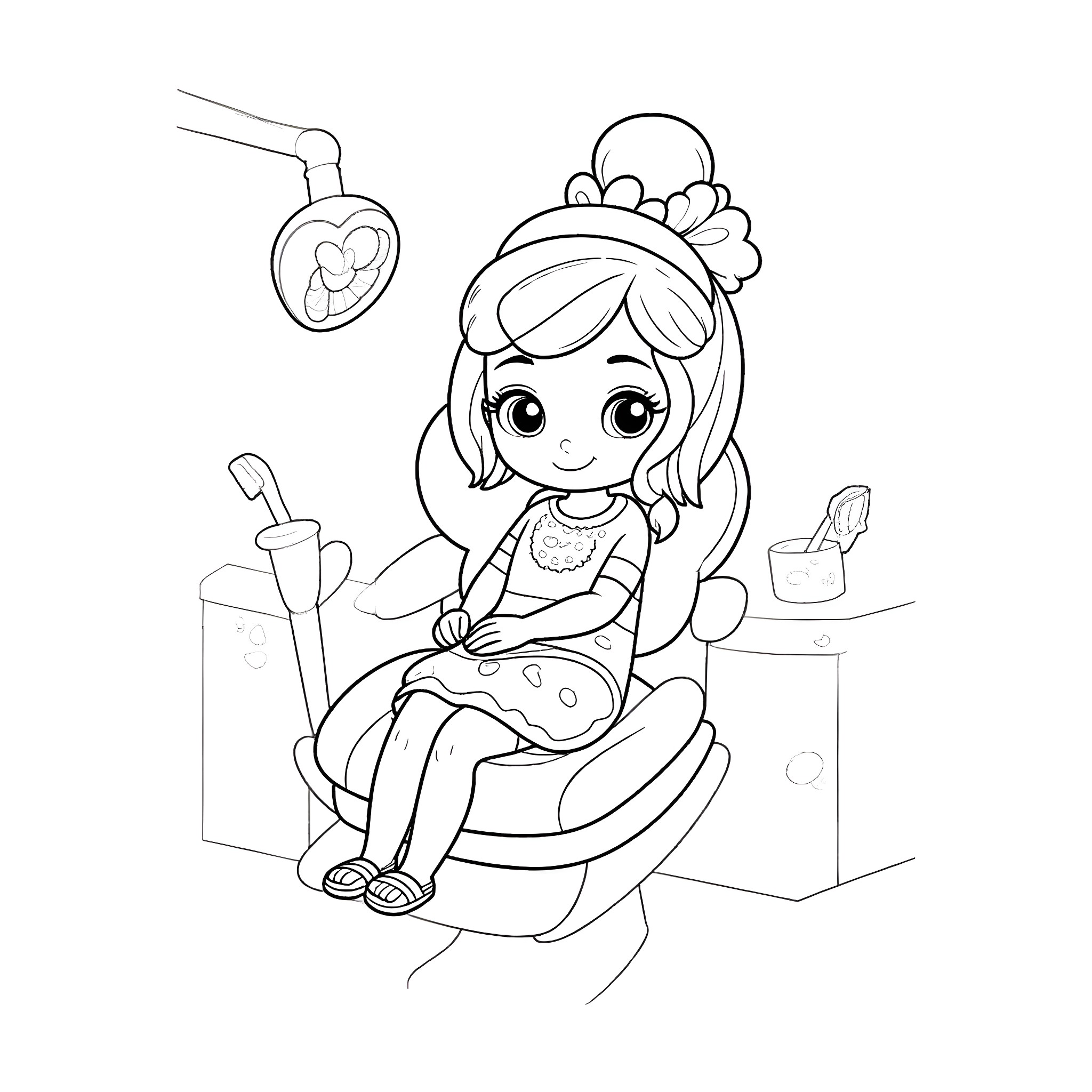 Moana at the Dentist's Office Coloring Page (free black-and-white line drawing printable PDF for all, from beginners to advanced learners, including children, teens, adults, and seniors)