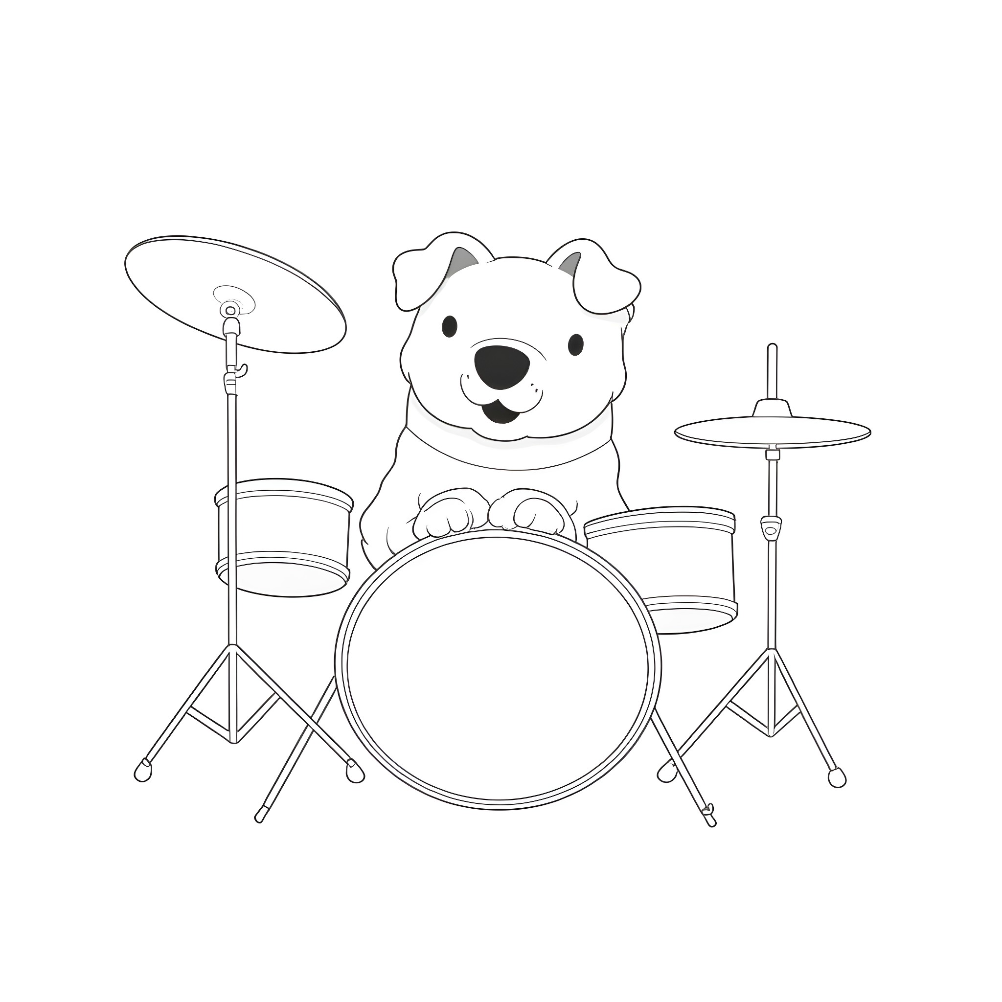 Dog playing drums happily on the stage Coloring Page (free black-and-white line drawing printable PDF for all, from beginners to advanced learners, including children, teens, adults, and seniors)