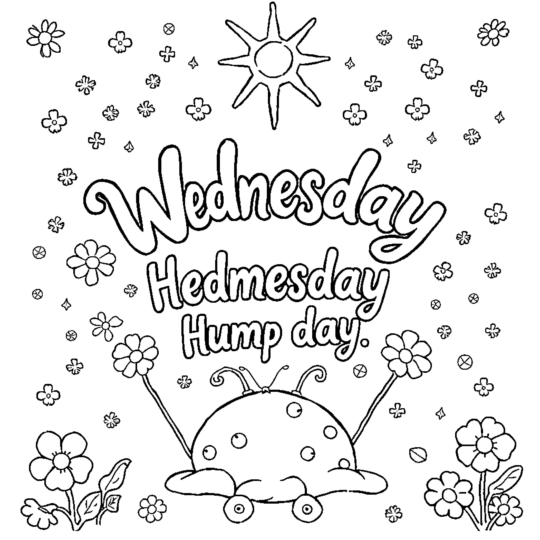 Magic Wednesday Hedmesday Hump day celebrations Coloring Page (free black-and-white line drawing printable PDF for all, from beginners to advanced learners, including children, teens, adults, and seniors)