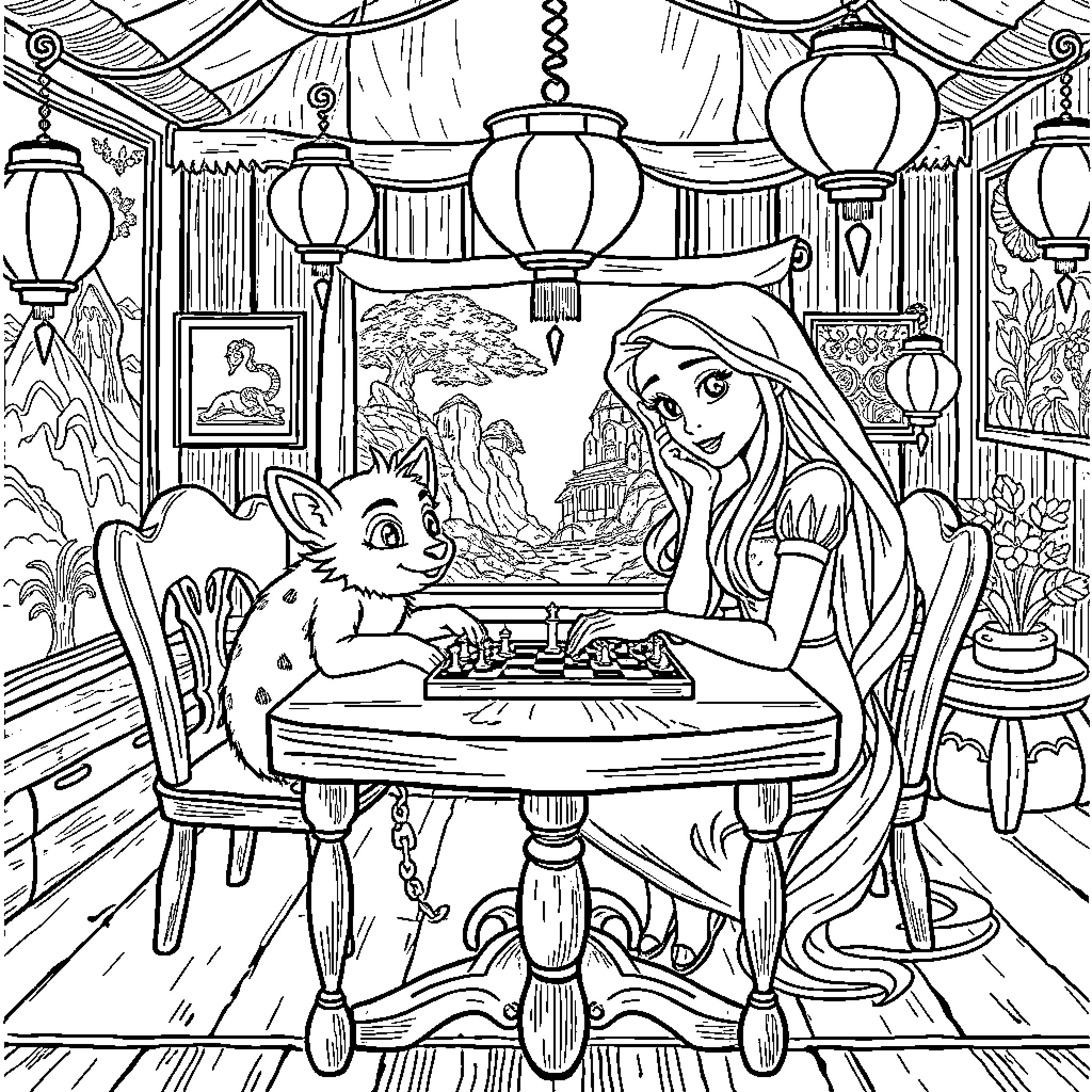 Rapunzel playing chess with a companion in a cozy interior Coloring Page (free black-and-white line drawing printable PDF for all, from beginners to advanced learners, including children, teens, adults, and seniors)