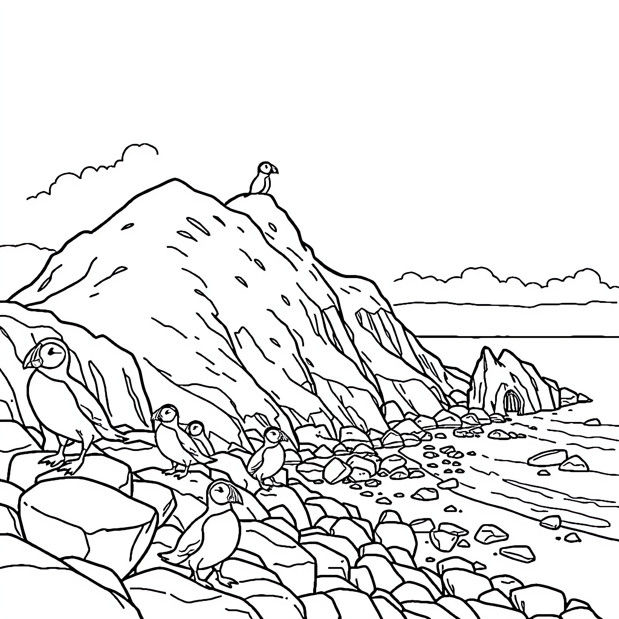 Puffins resting on a rocky coastal cliff Coloring Page (free black-and-white line drawing printable PDF for all, from beginners to advanced learners, including children, teens, adults, and seniors)