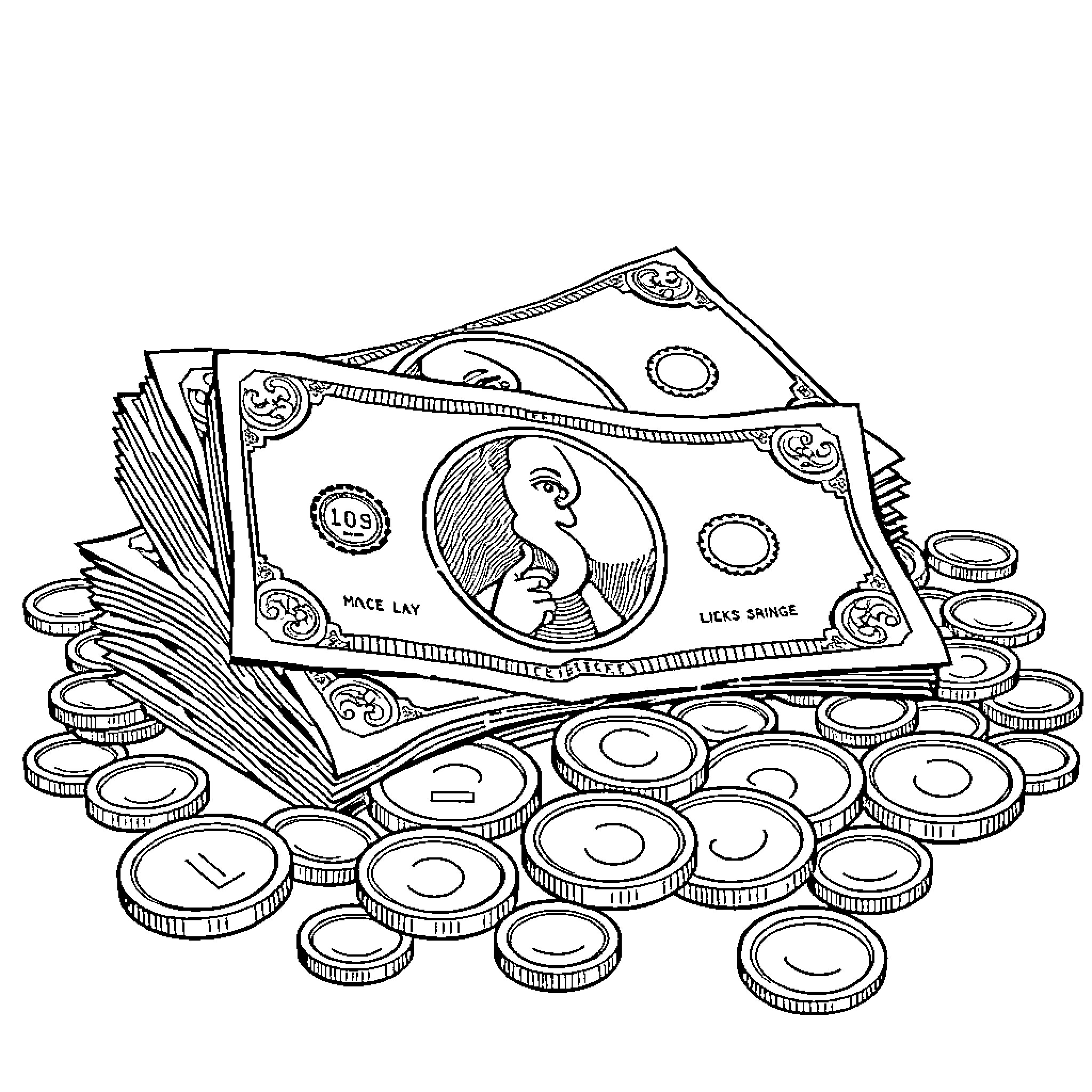 Money stashed in piles and bills Coloring Page (free black-and-white line drawing printable PDF for all, from beginners to advanced learners, including children, teens, adults, and seniors)