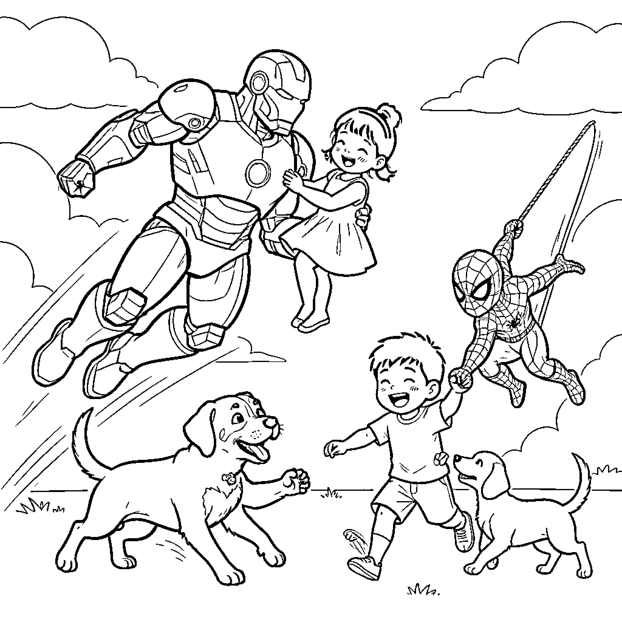 Superhero characters in action-packed scenes Coloring Page (free black-and-white line drawing printable PDF for all, from beginners to advanced learners, including children, teens, adults, and seniors)