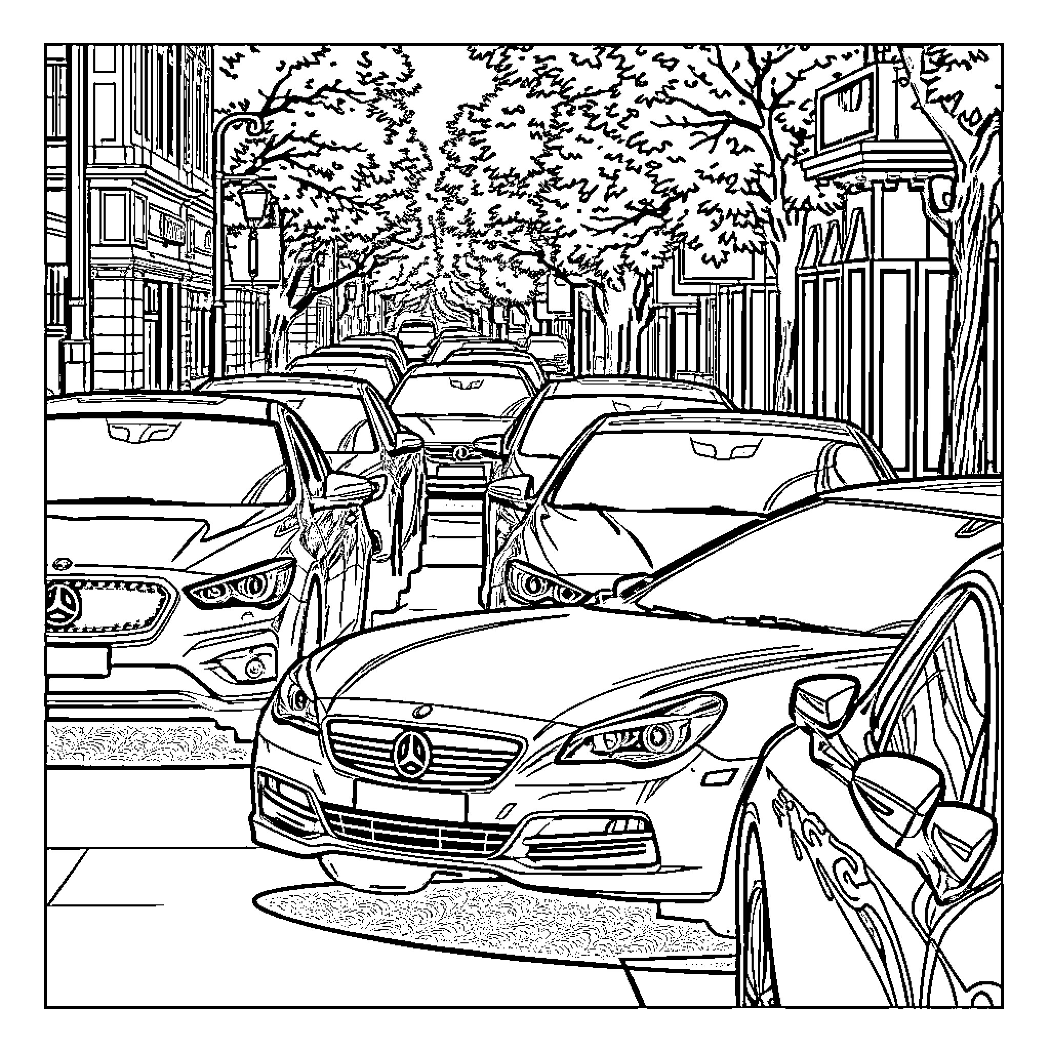 Car Parked on Busy Urban Street Coloring Page (free black-and-white line drawing printable PDF for all, from beginners to advanced learners, including children, teens, adults, and seniors)