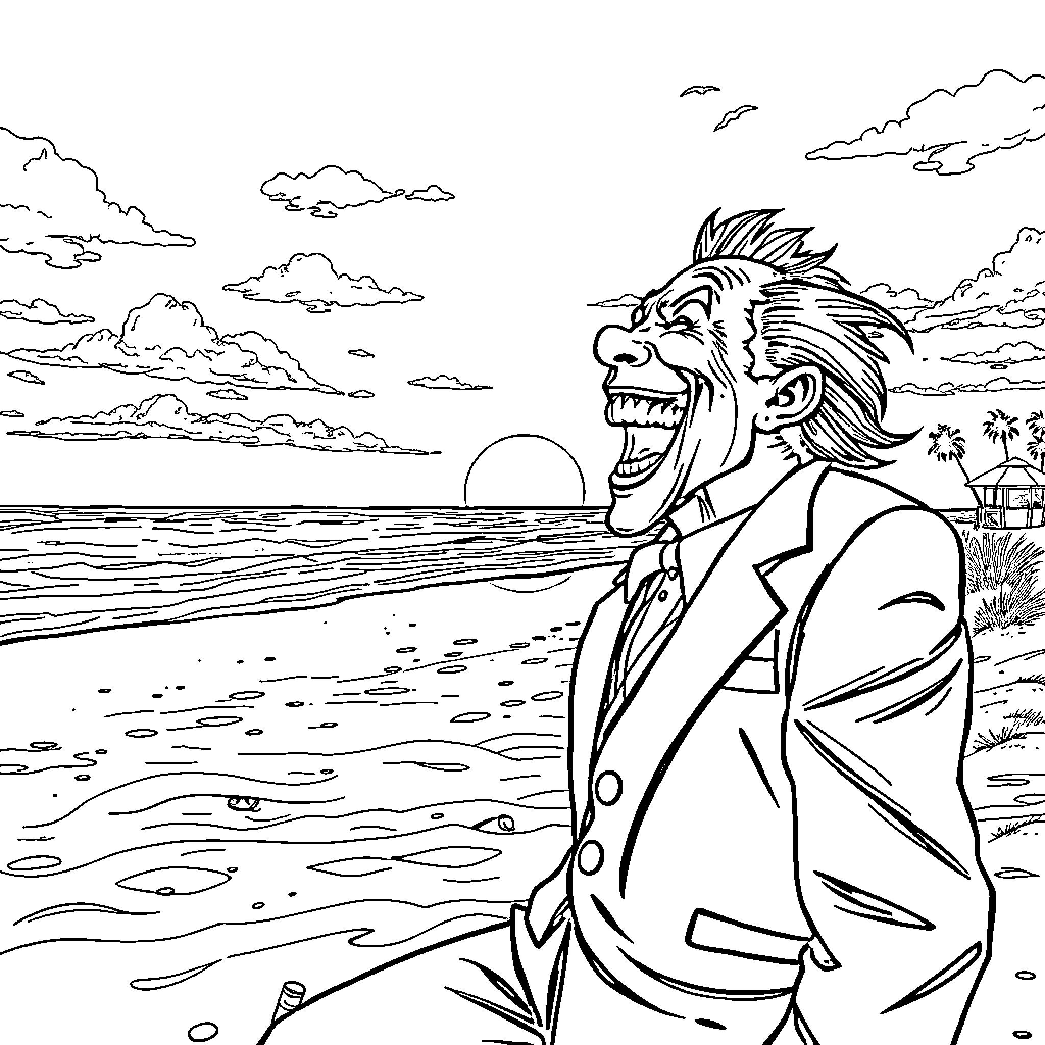 Joker's Mischievous Laughter by the Beach Coloring Page (free black-and-white line drawing printable PDF for all, from beginners to advanced learners, including children, teens, adults, and seniors)