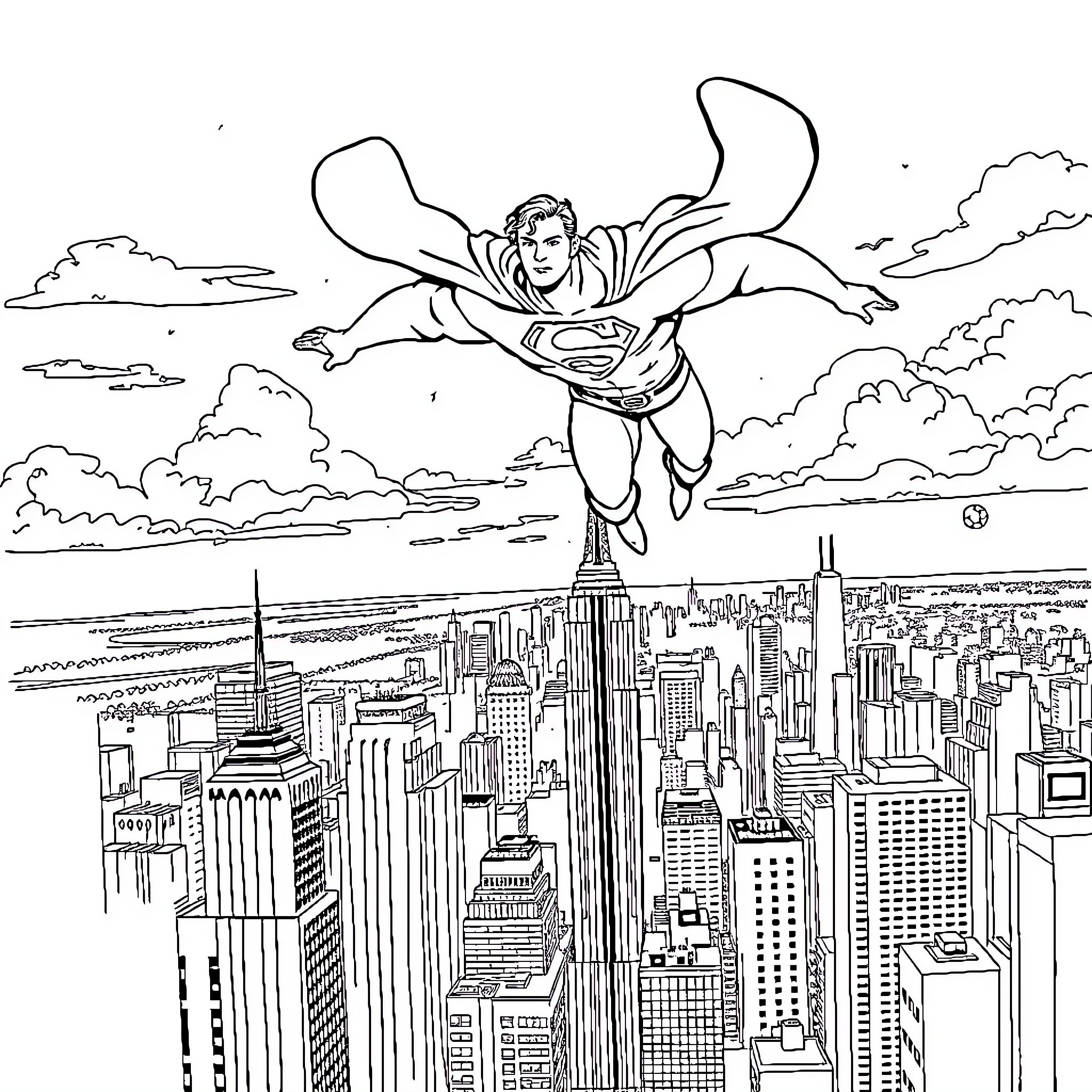 Superman flying over the city skyline Coloring Page (free black-and-white line drawing printable PDF for all, from beginners to advanced learners, including children, teens, adults, and seniors)