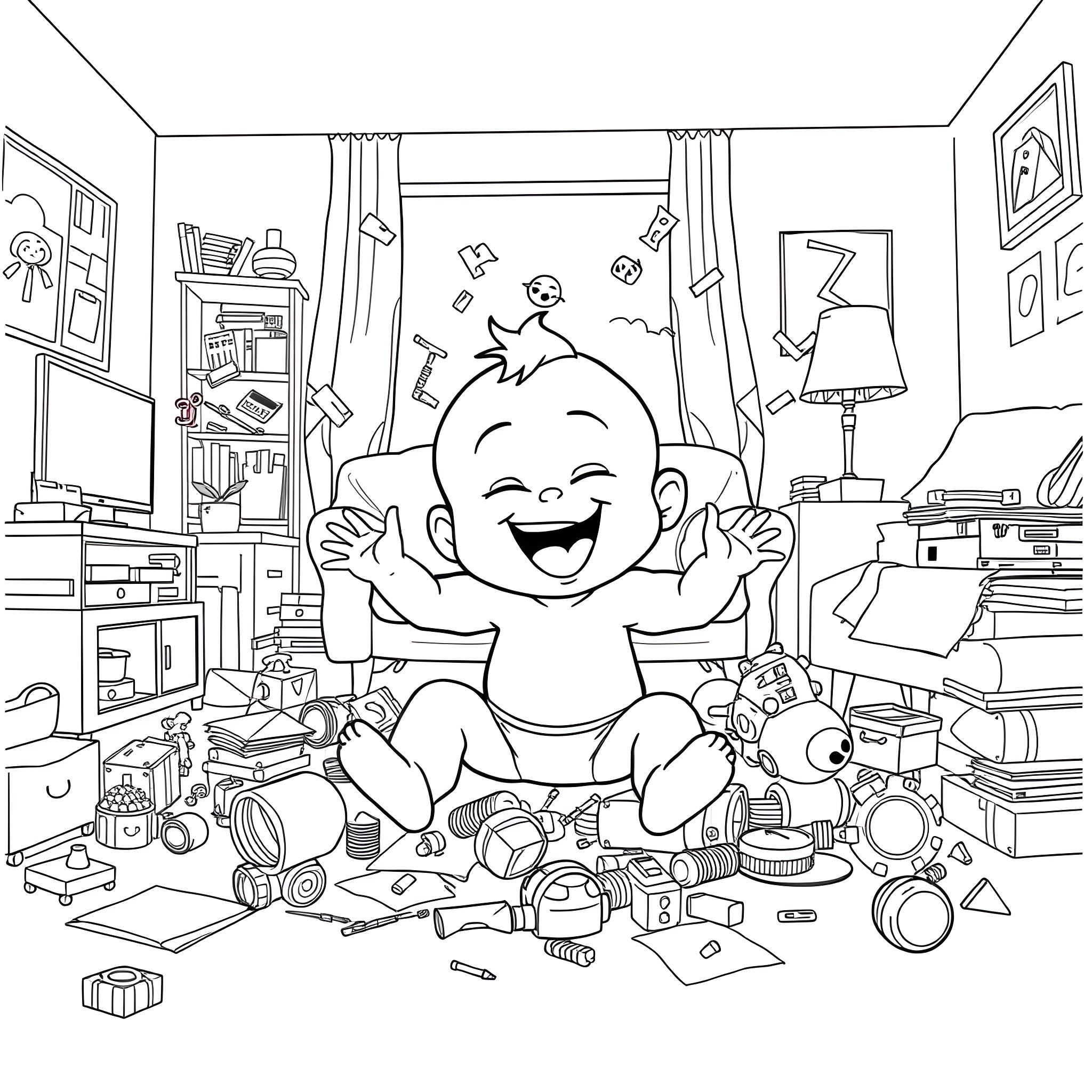 Boss Baby enjoys messy playtime in the room Coloring Page (free black-and-white line drawing printable PDF for all, from beginners to advanced learners, including children, teens, adults, and seniors)