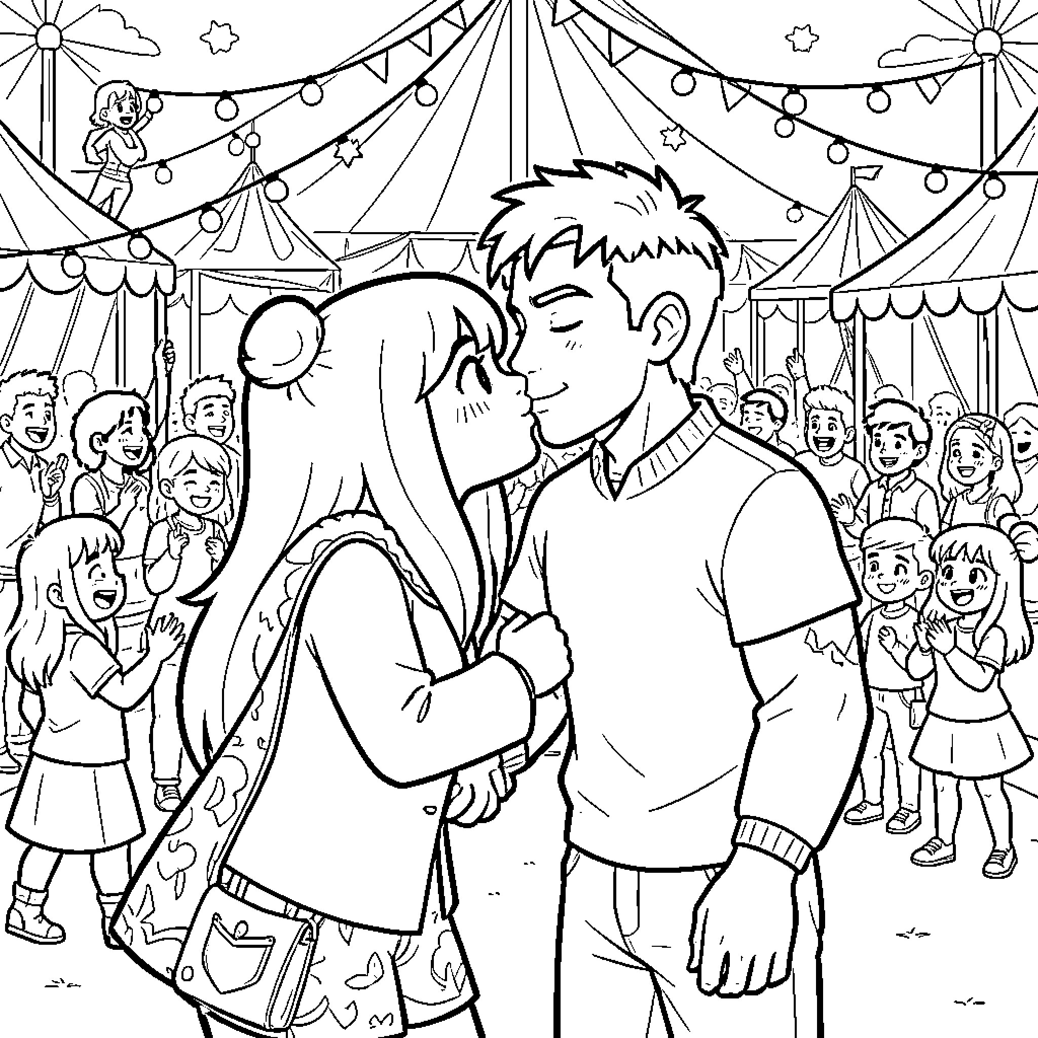 Pomni kissing a boy at a festive carnival Coloring Page (free black-and-white line drawing printable PDF for all, from beginners to advanced learners, including children, teens, adults, and seniors)