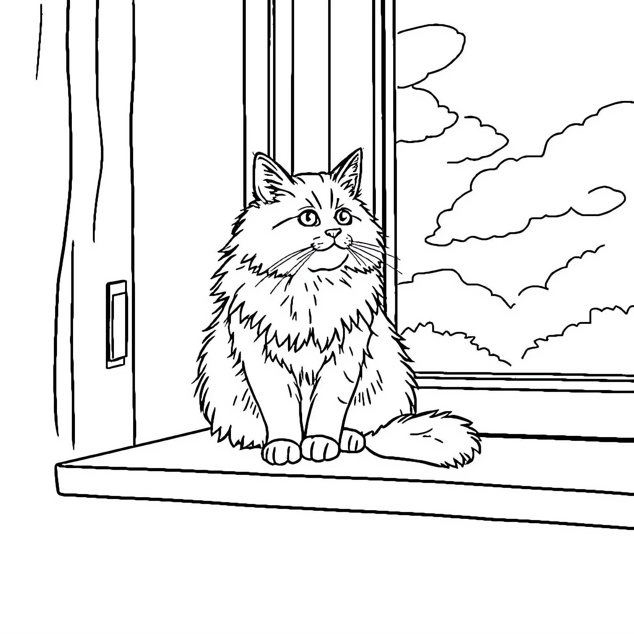 Cat sitting by the window Coloring Page (free black-and-white line drawing printable PDF for all, from beginners to advanced learners, including children, teens, adults, and seniors)