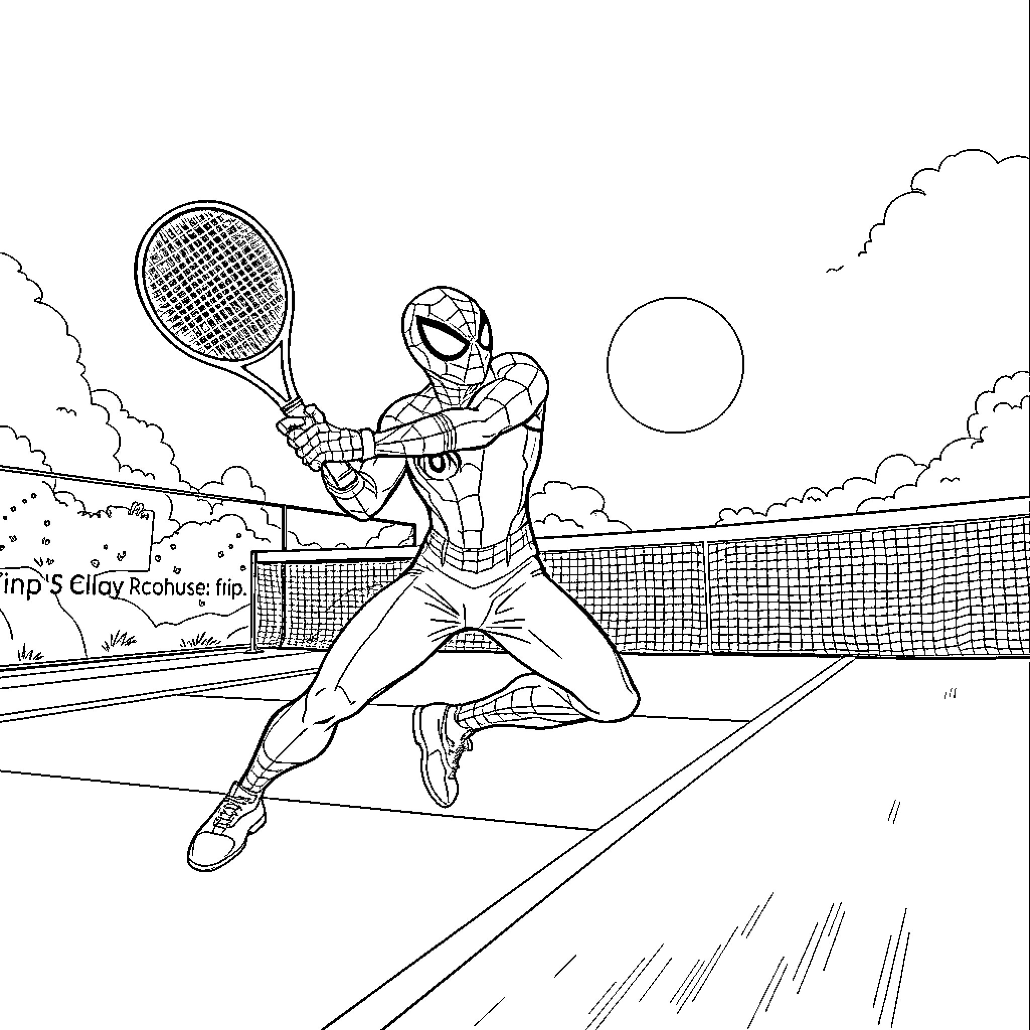 Spiderman plays energetic tennis match on court Coloring Page (free black-and-white line drawing printable PDF for all, from beginners to advanced learners, including children, teens, adults, and seniors)