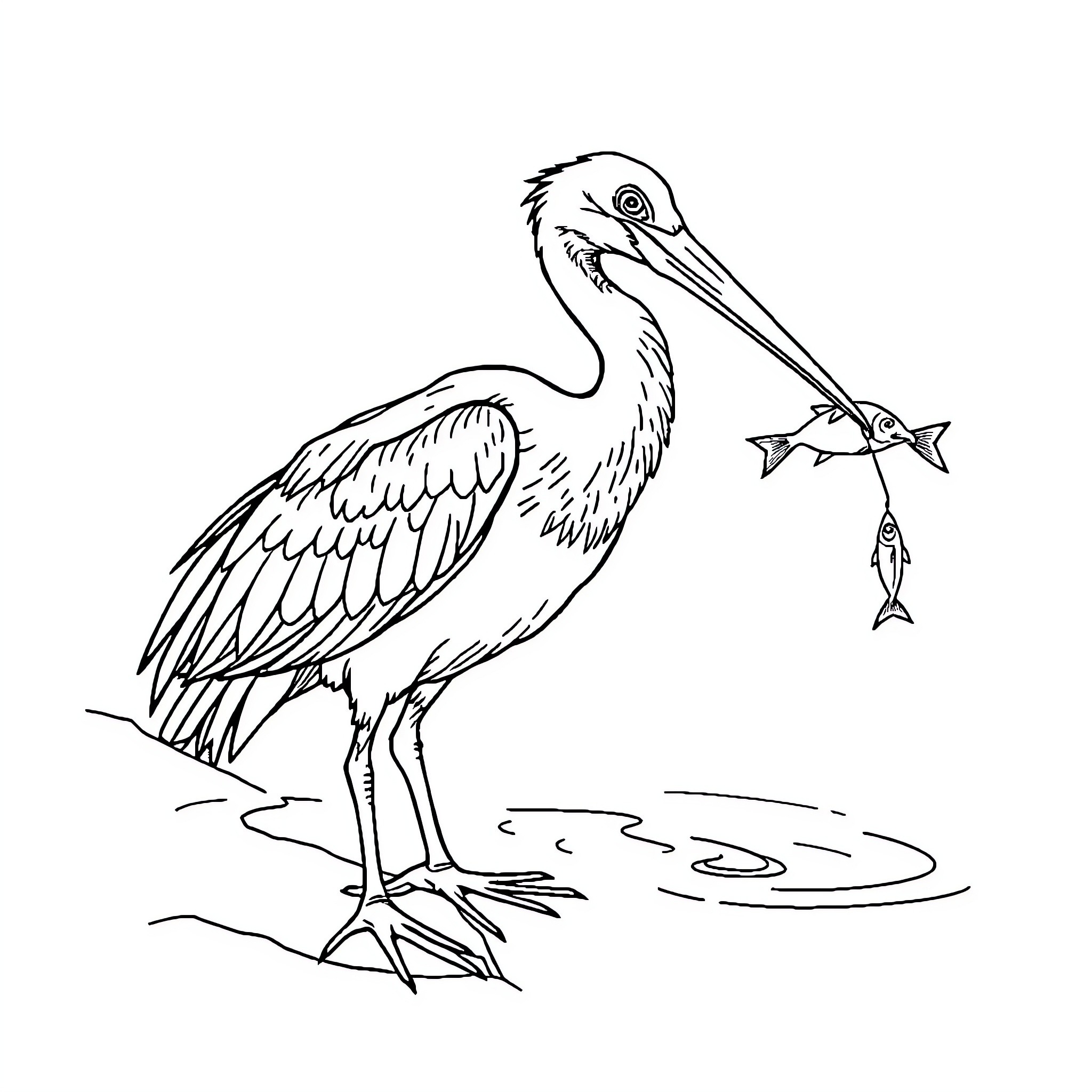 Bird catching fish in the water Coloring Page (free black-and-white line drawing printable PDF for all, from beginners to advanced learners, including children, teens, adults, and seniors)